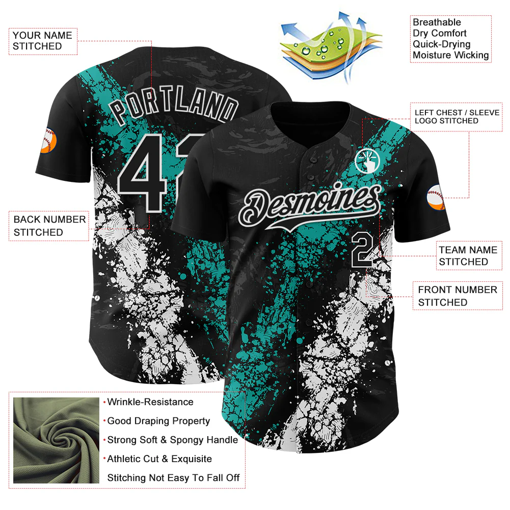 Custom Black Aqua-White Splash Authentic Baseball Jersey - Image 3