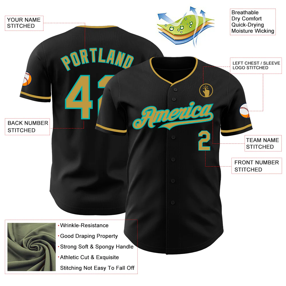 Custom Black Old Gold-Aqua Authentic Baseball Jersey - Image 3