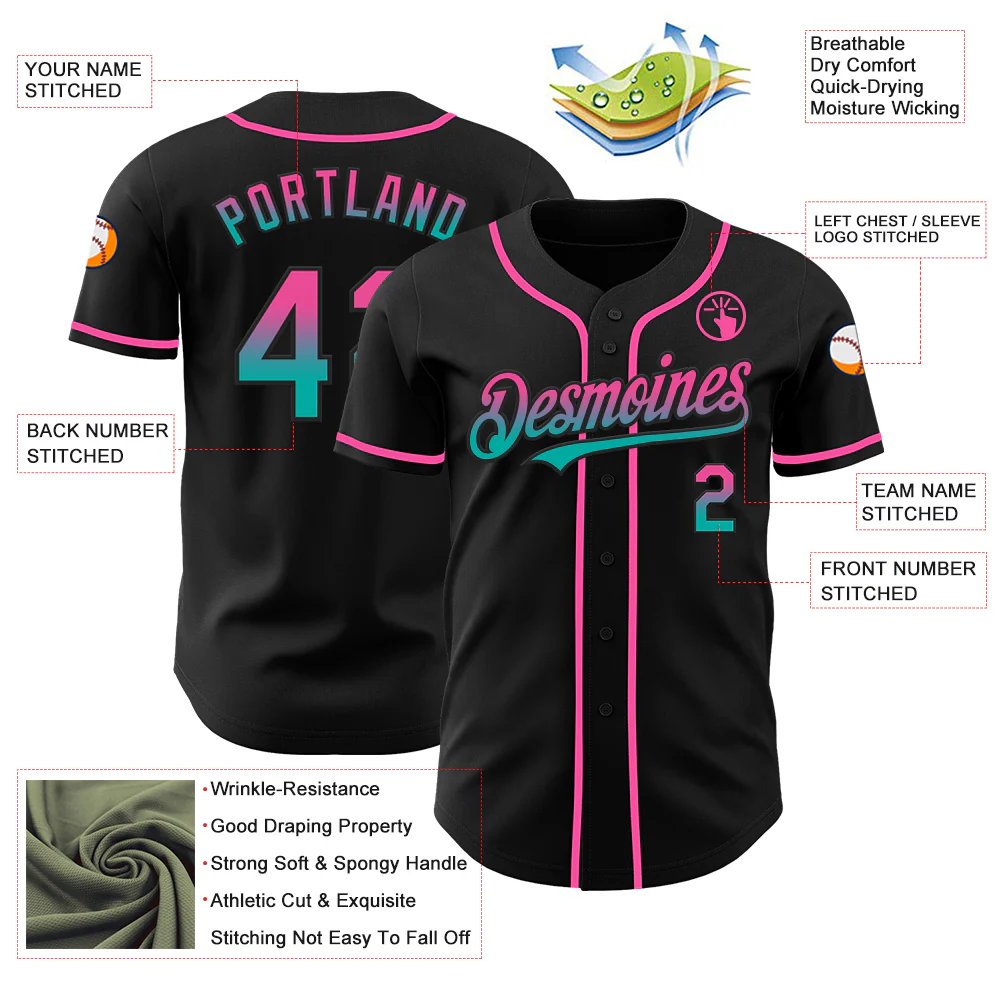 Custom Black Pink-Aqua Authentic Fade Fashion Baseball Jersey - Image 3