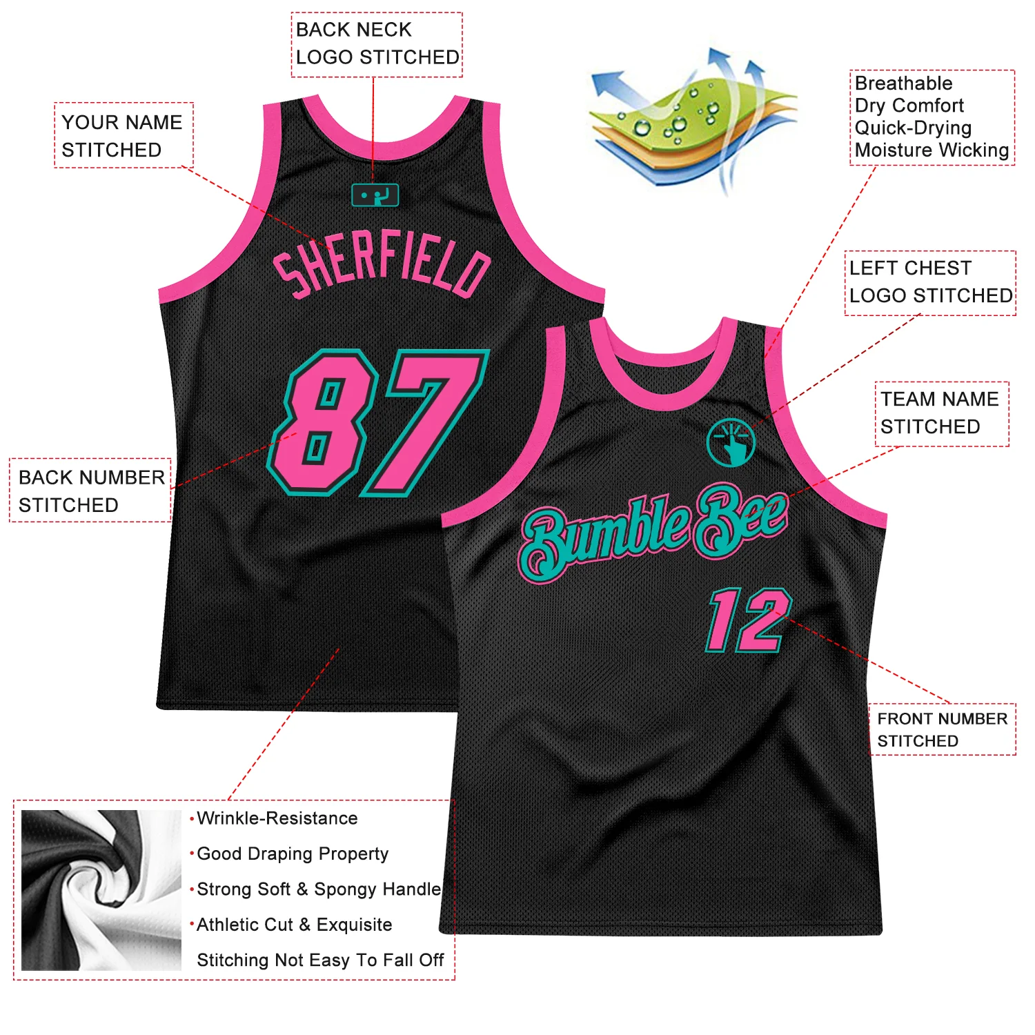 Custom Black Pink-Aqua Authentic Throwback Basketball Jersey - Image 2