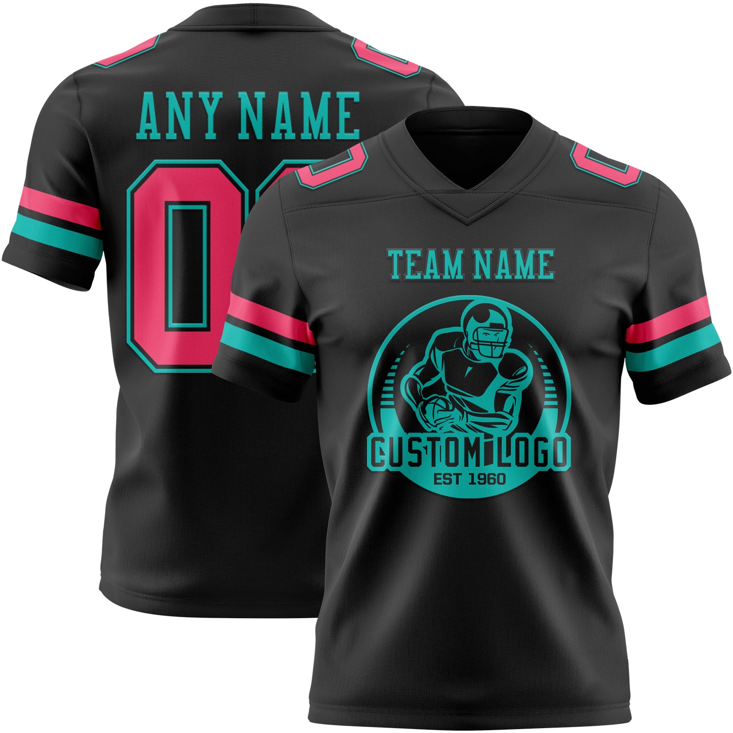 Custom Black Neon Pink-Aqua Authentic Football Jersey - Image 2