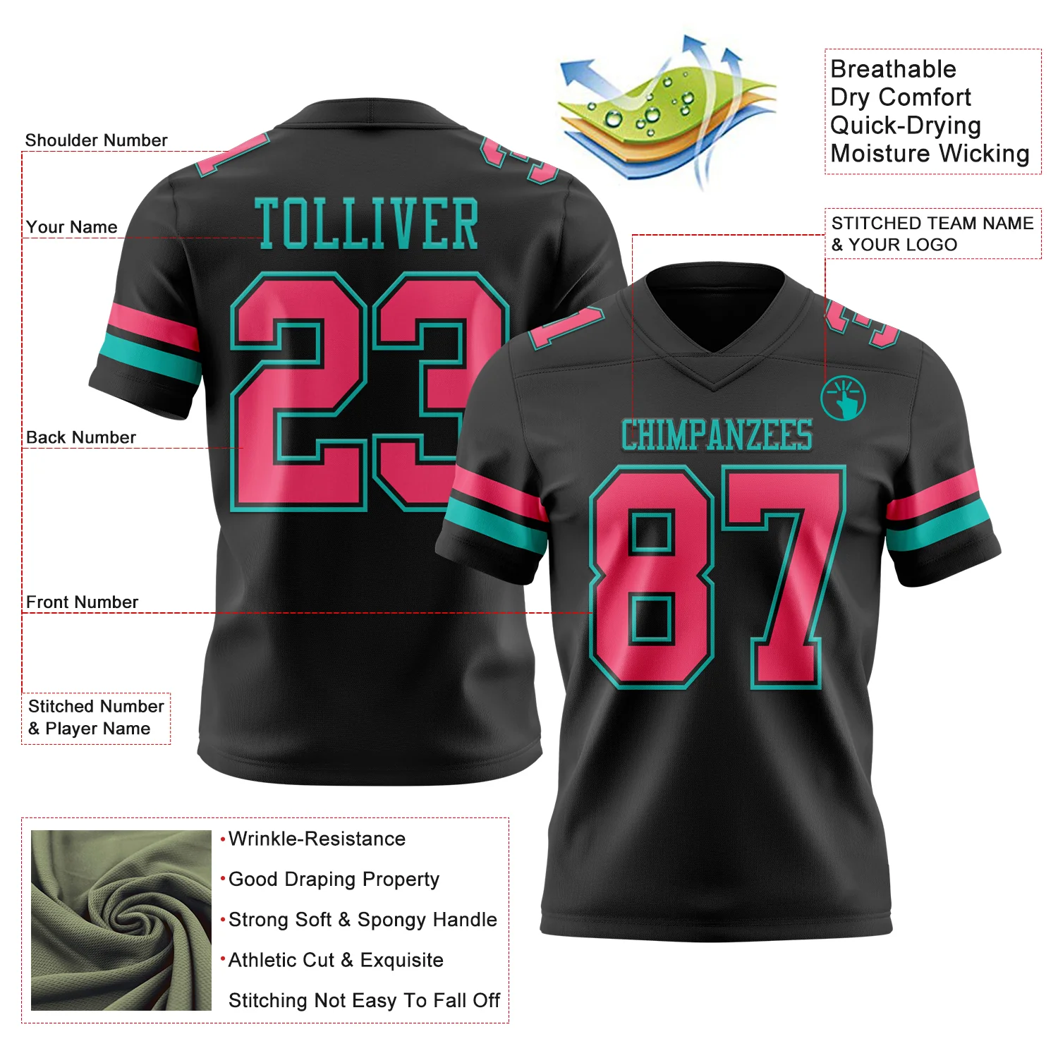 Custom Black Neon Pink-Aqua Authentic Football Jersey - Image 3