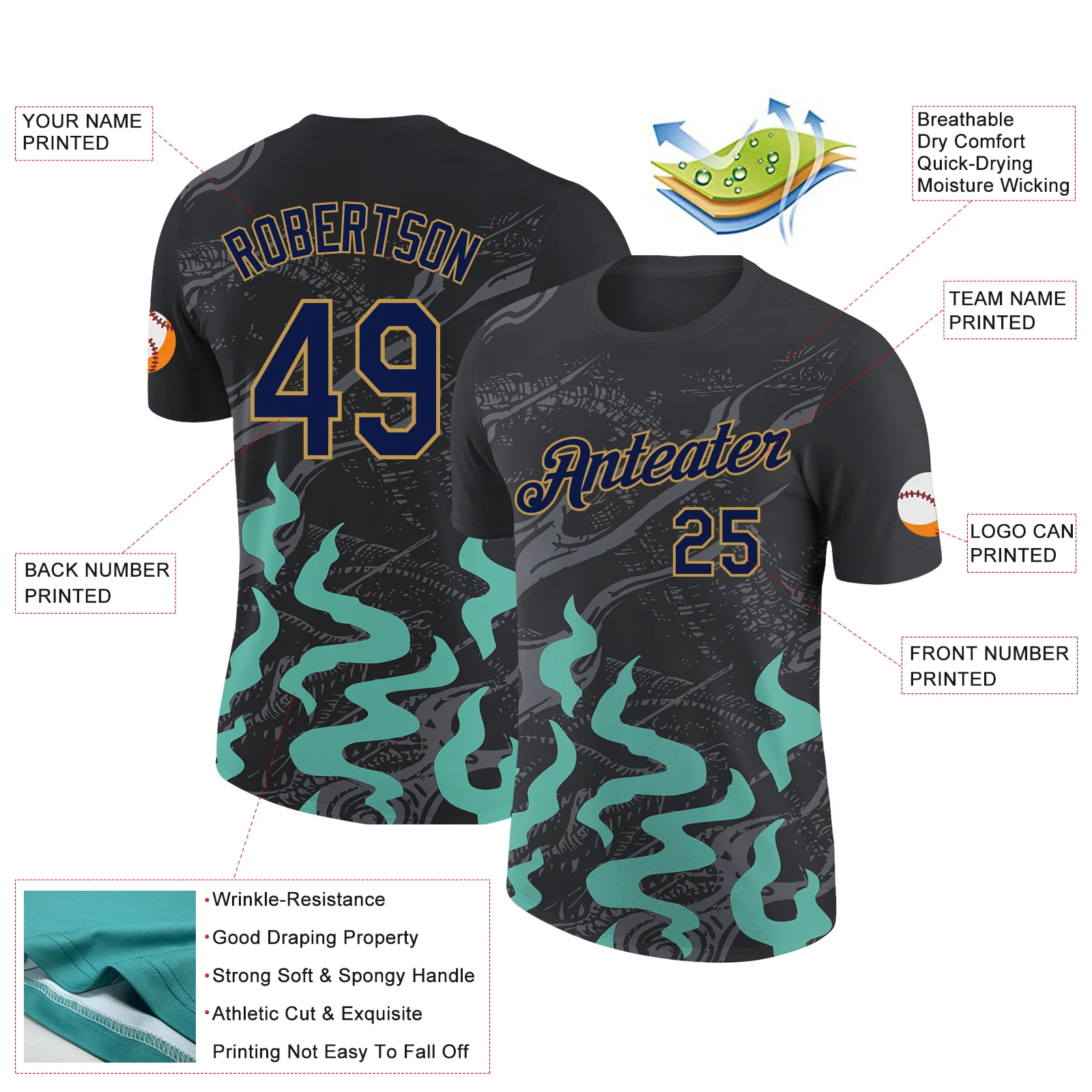 Custom Black Navy Aqua Gray-Old Gold 3D Esports Performance T-Shirt - Image 2
