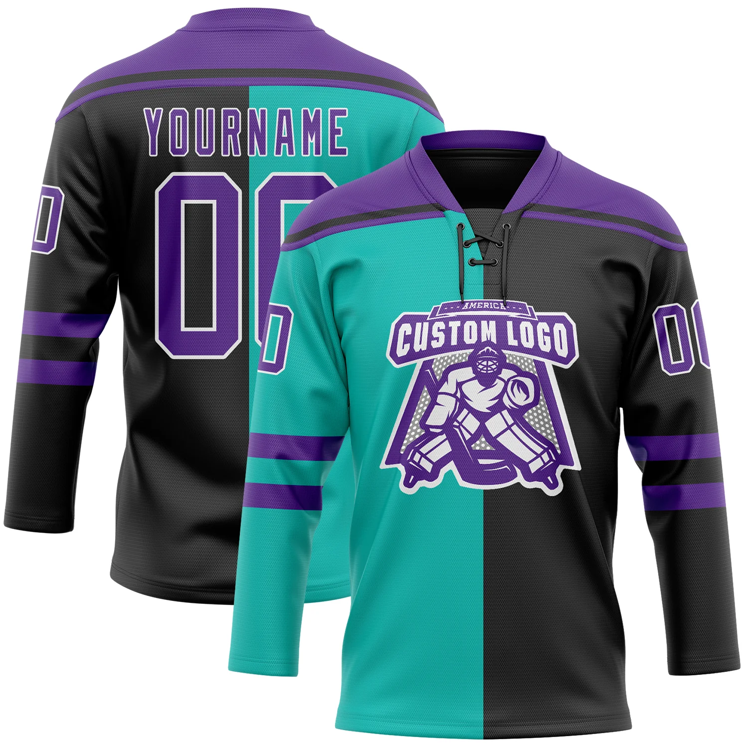 Custom Black Purple Aqua-White Split Fashion Hockey Lace Neck Jersey - Image 2