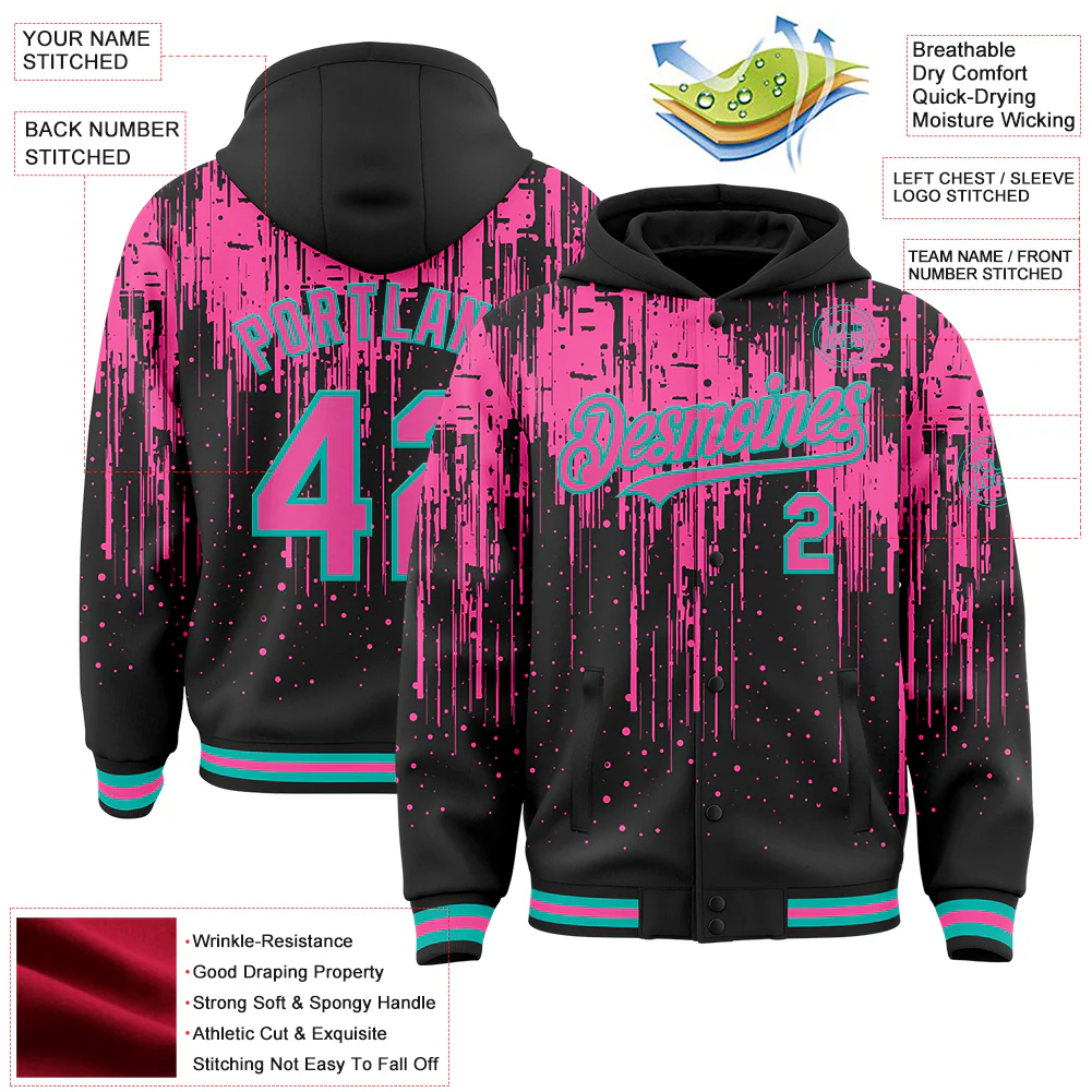 Custom Black Pink-Aqua Dripping Splatter Bomber Full-Snap Varsity Letterman Hoodie Jacket - Image 4