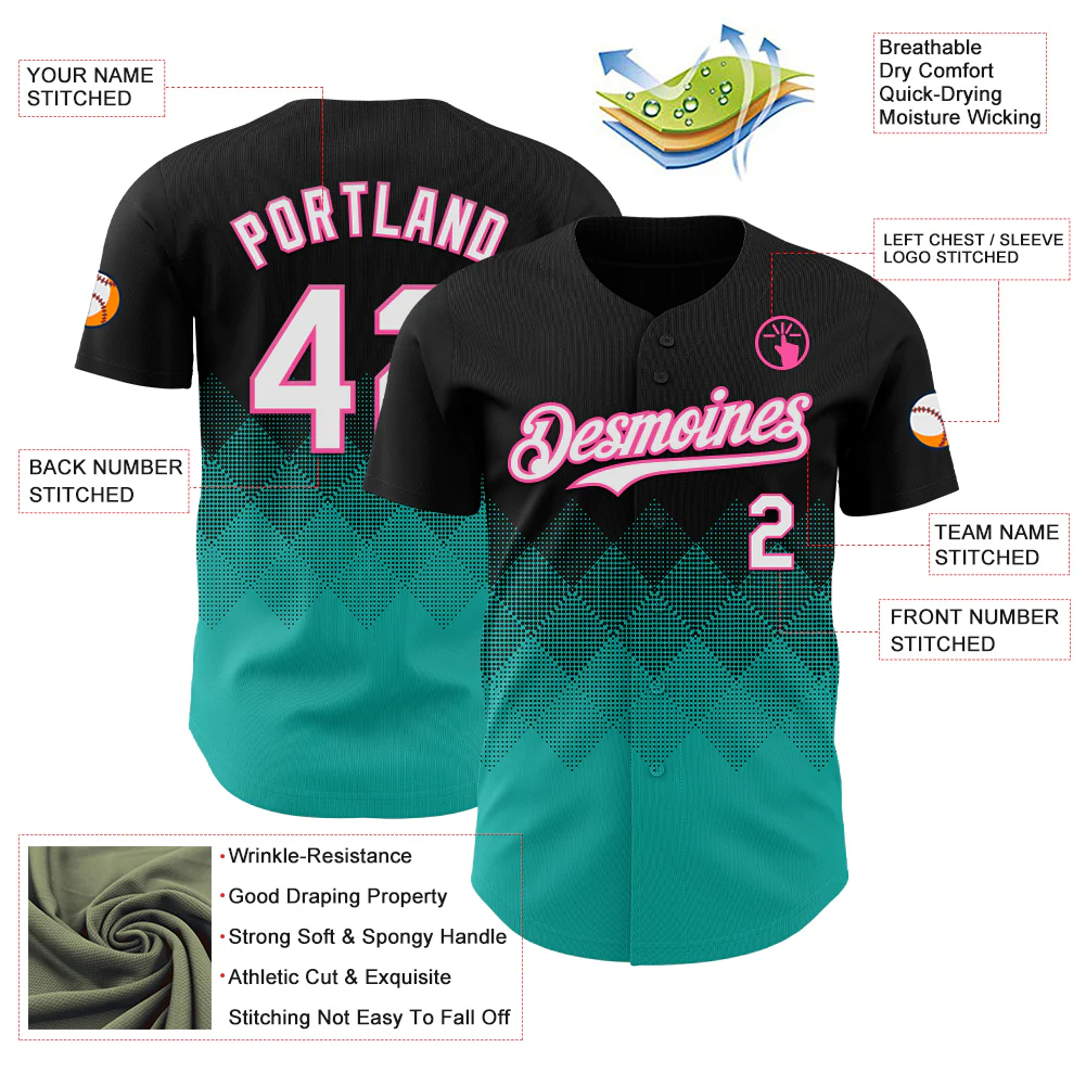 Custom Black White Aqua-Pink 3D Gradient Square Shape Authentic Baseball Jersey - Image 3