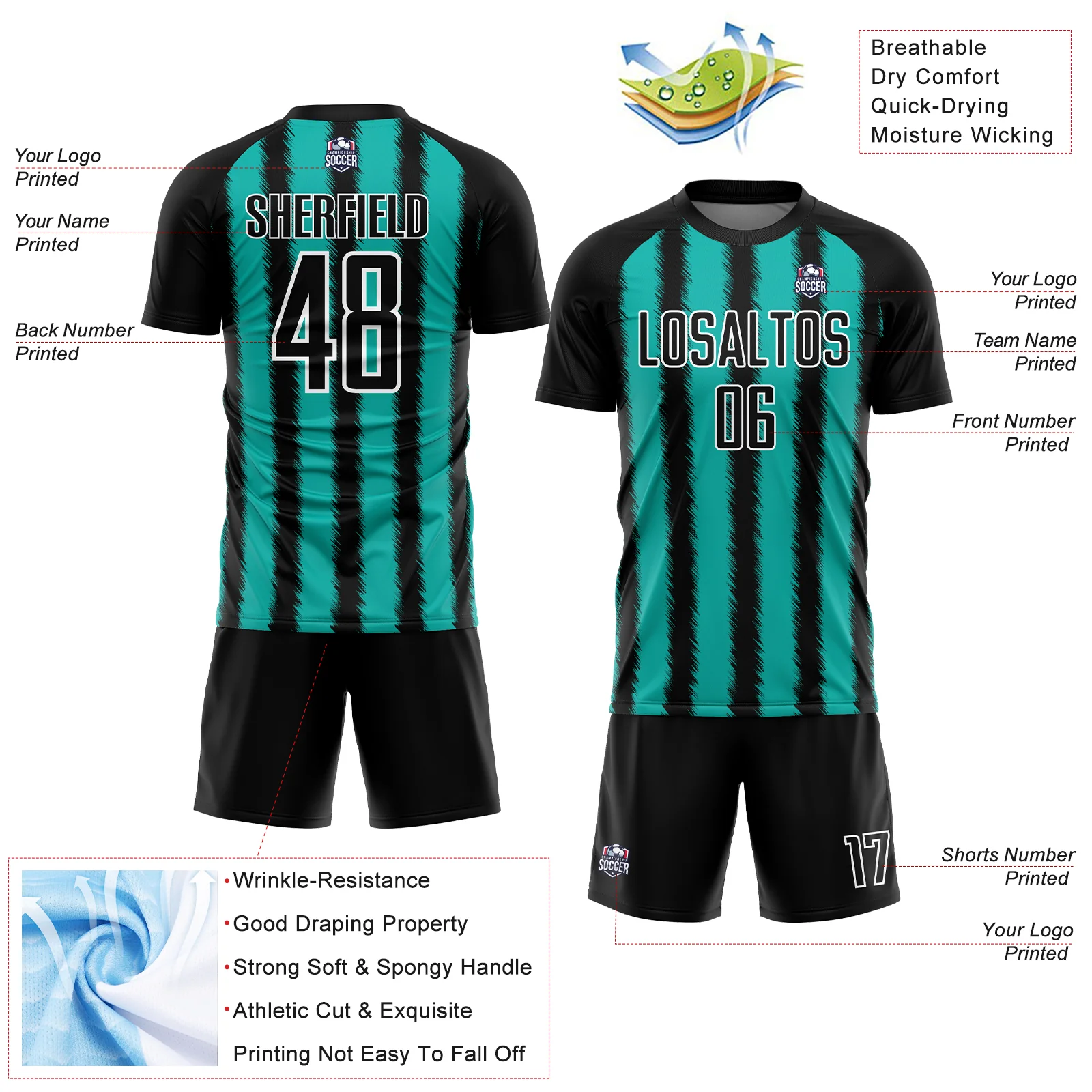Custom Black Aqua-White Line Sublimation Soccer Uniform Jersey - Image 4