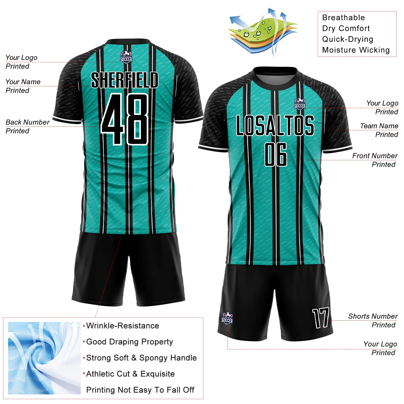Custom Black Aqua-White Line Sublimation Soccer Uniform Jersey - Image 4