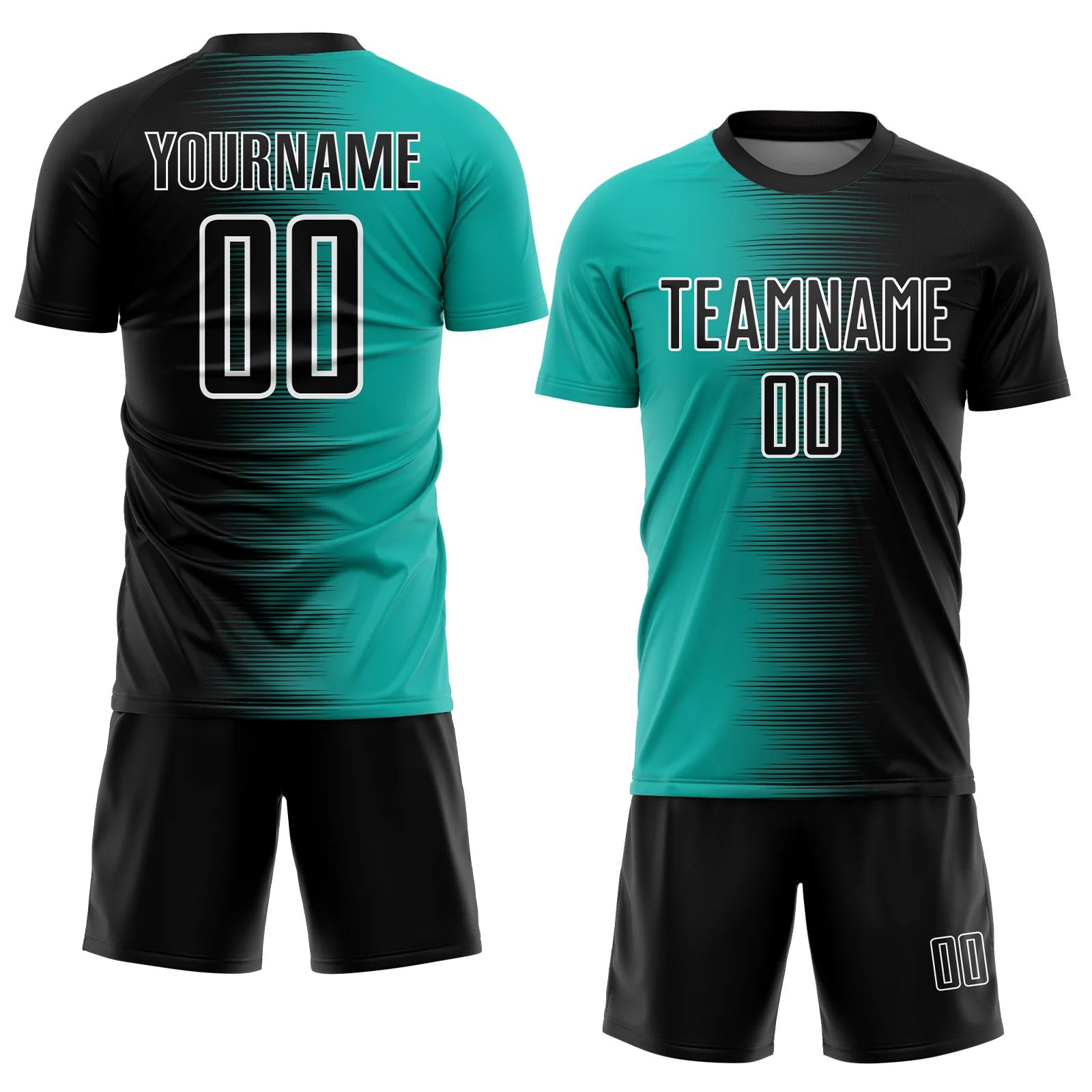 Custom Black Aqua-White Gradient Line Sublimation Soccer Uniform Jersey - Image 2