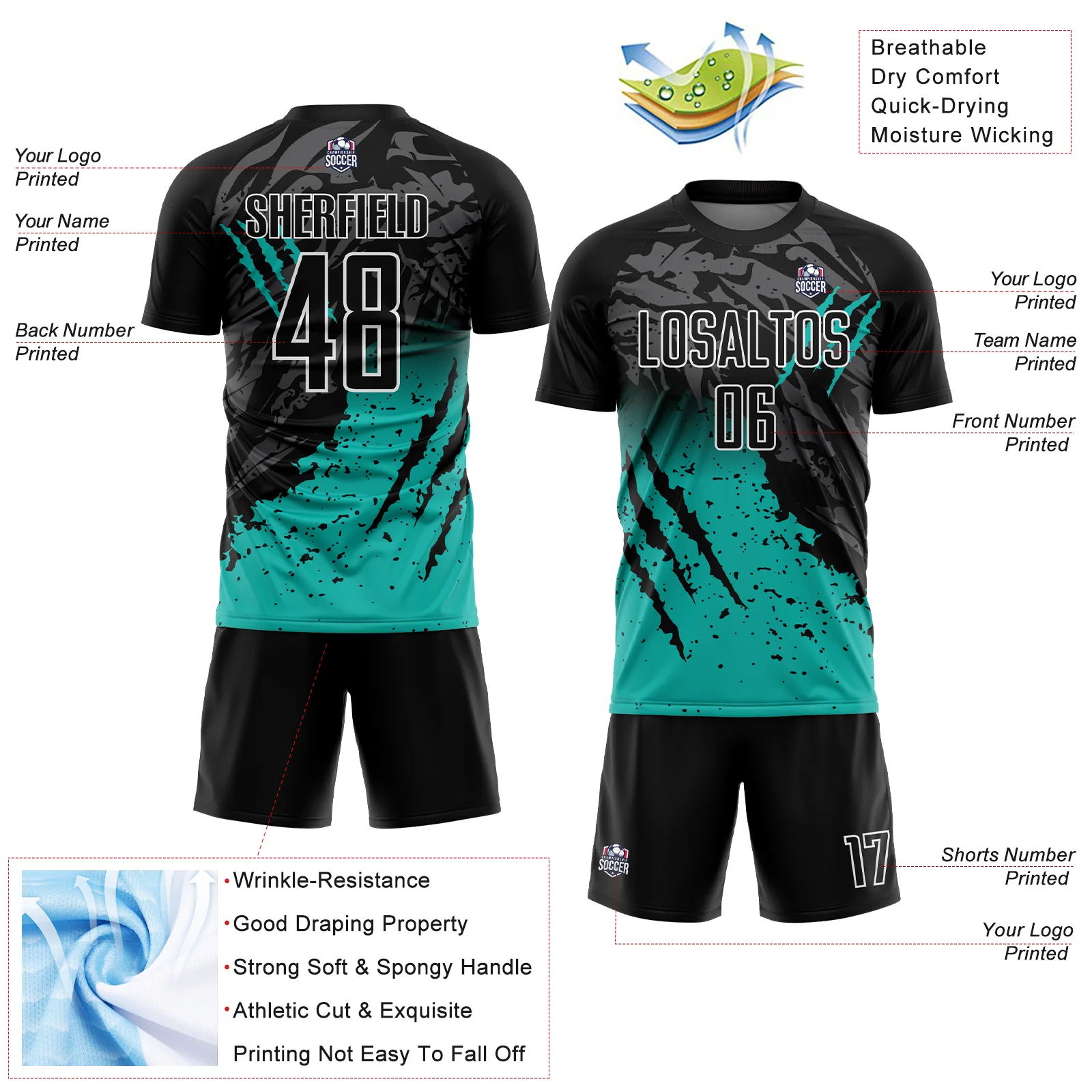 Custom Black Aqua-White Gradient Scratch Splash Sublimation Soccer Uniform Jersey - Image 4