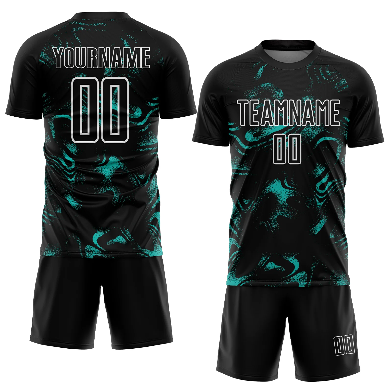 Custom Black Aqua-White Abstract Liquid Sublimation Soccer Uniform Jersey - Image 2