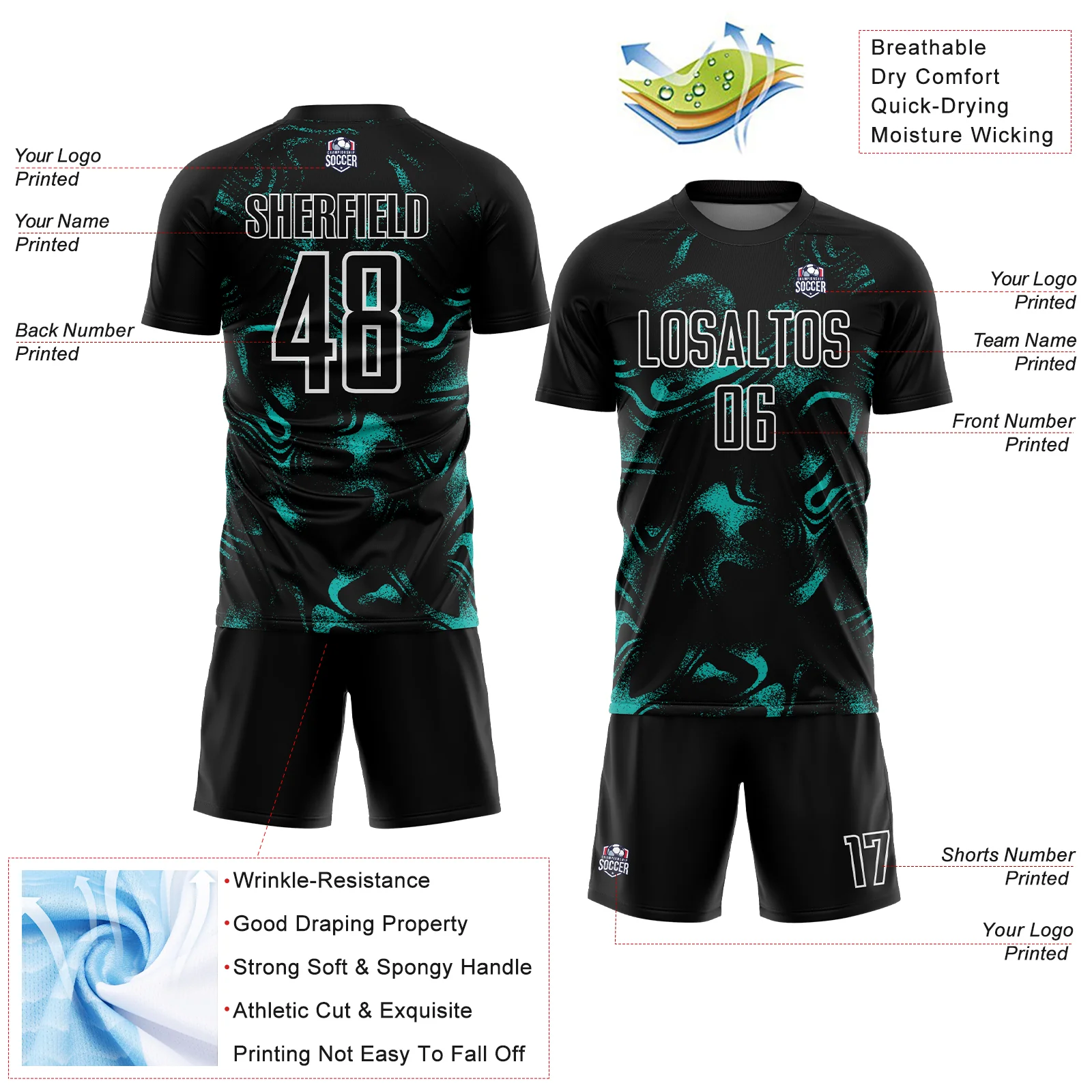Custom Black Aqua-White Abstract Liquid Sublimation Soccer Uniform Jersey - Image 4