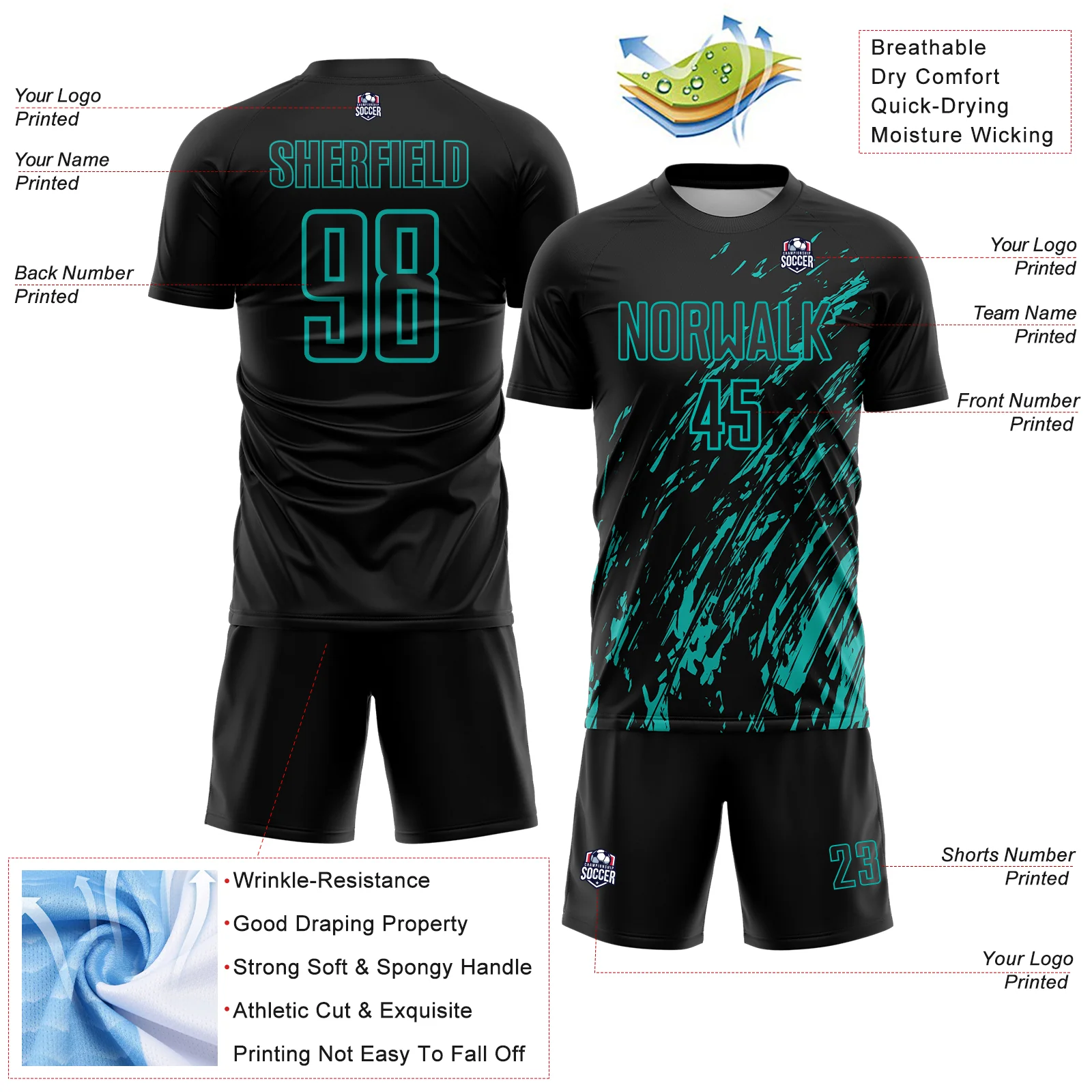 Custom Black Aqua Splash Sublimation Soccer Uniform Jersey - Image 4