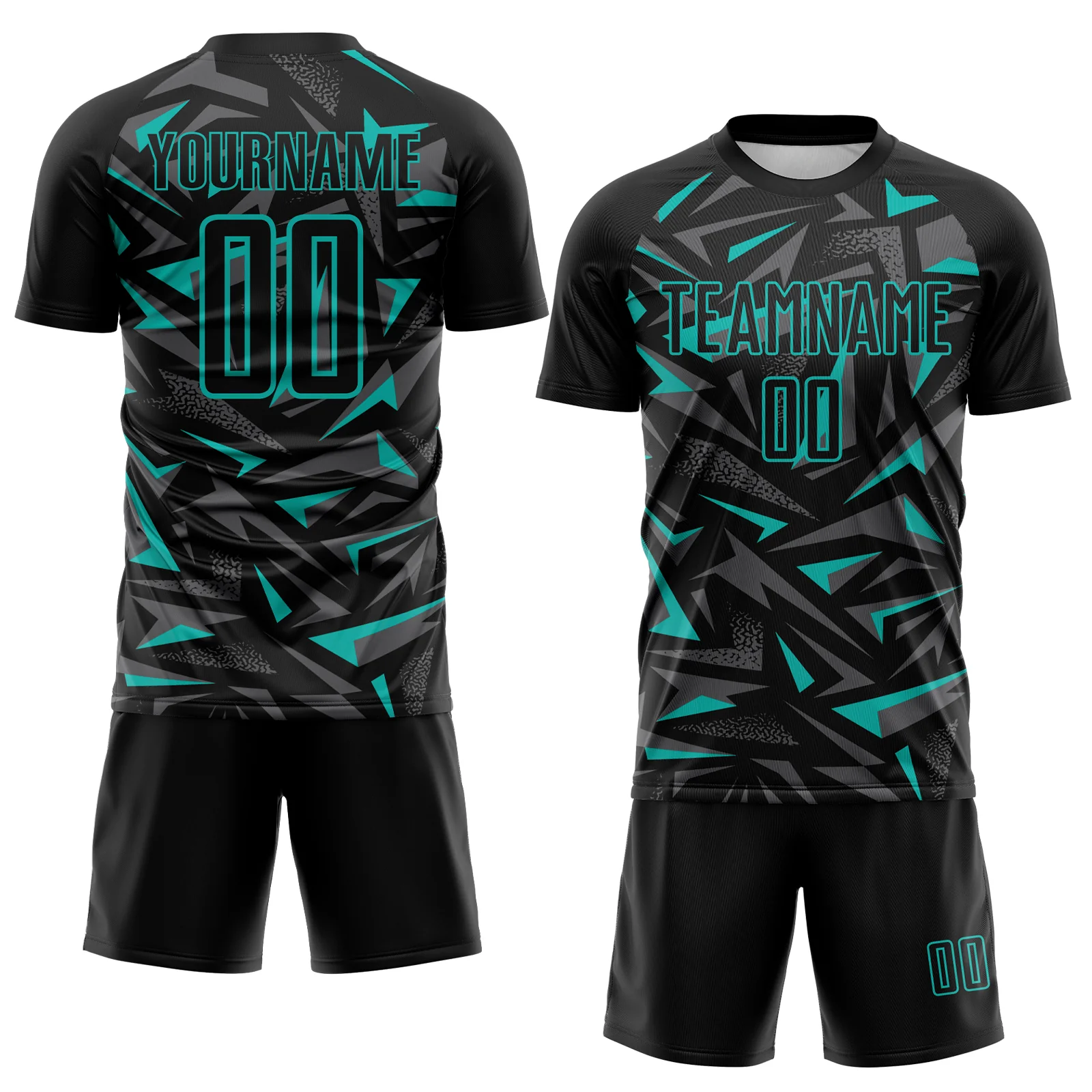 Custom Black Aqua-Steel Gray Cyber Mecha E-sport Geometric Shards Spike Sublimation Soccer Uniform Jersey - Image 2
