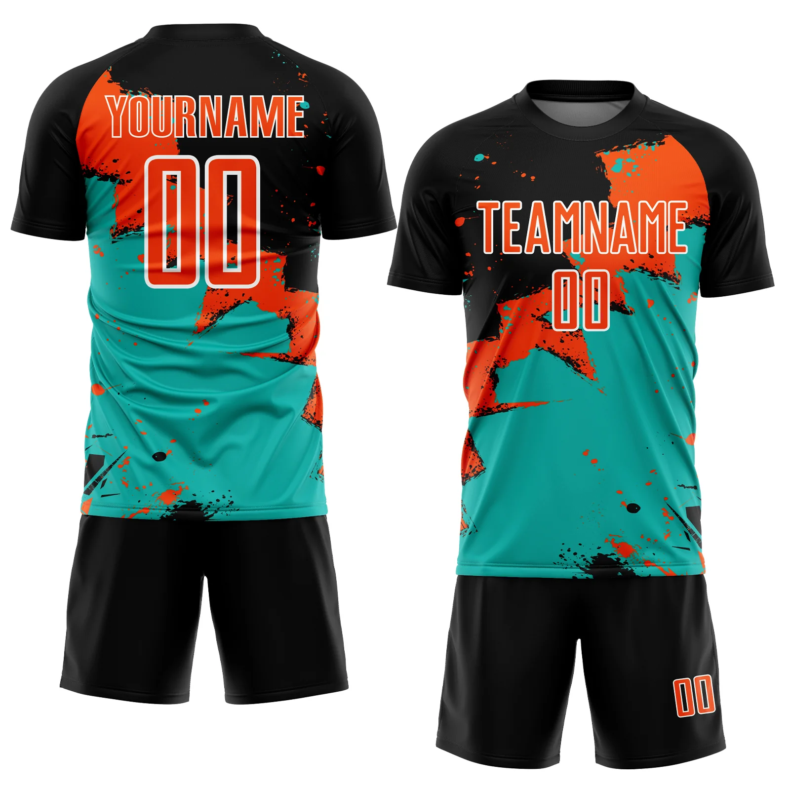 Custom Black Orange-Aqua Spalsh Sublimation Soccer Uniform Jersey - Image 2