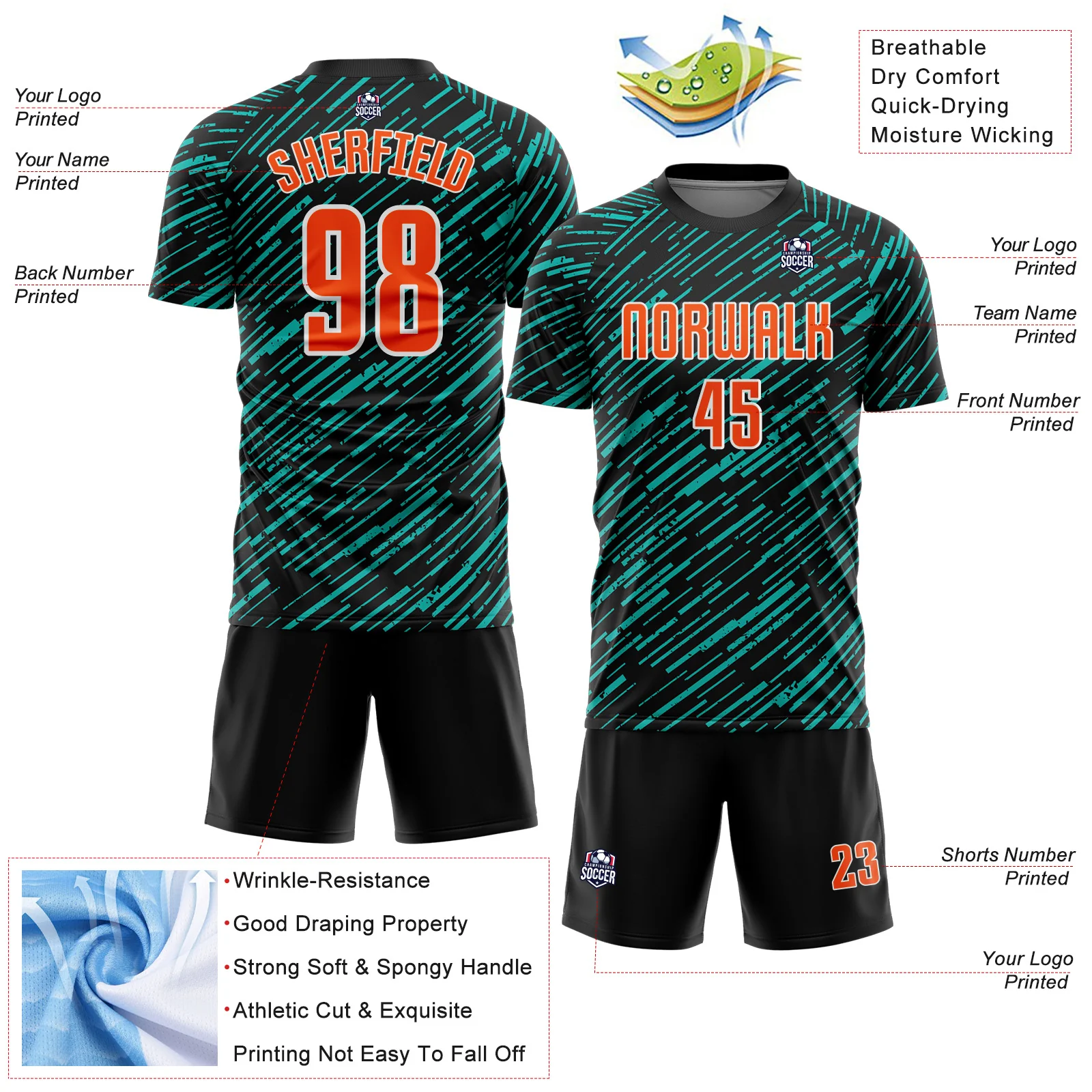 Custom Black Orange Aqua-White Line Sports Sublimation Soccer Uniform Jersey - Image 4