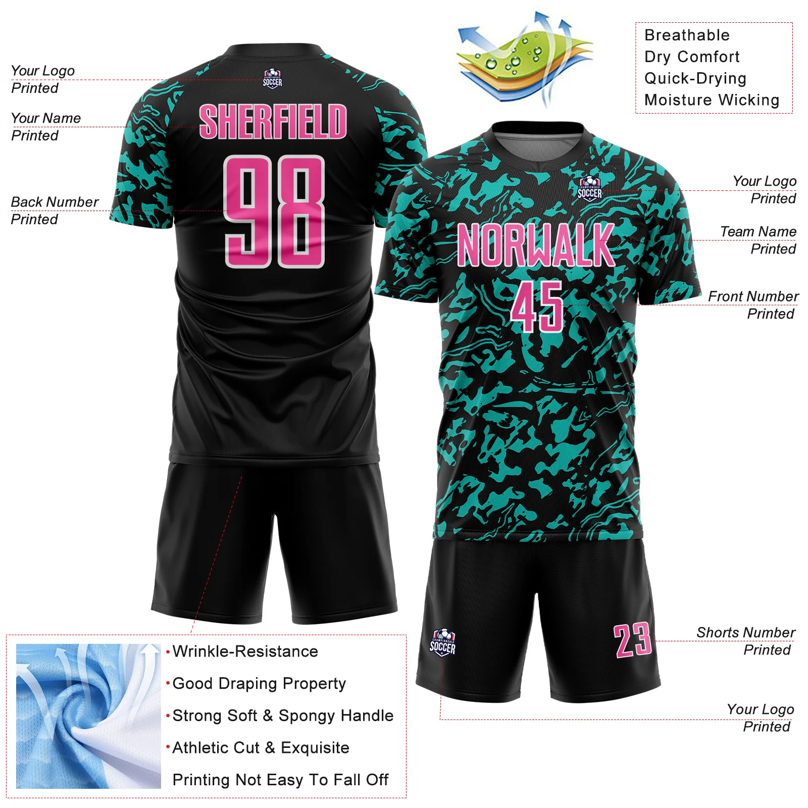 Custom Black Pink Aqua-White Liquid Fluid Pattern Sports Sublimation Soccer Uniform Jersey - Image 4