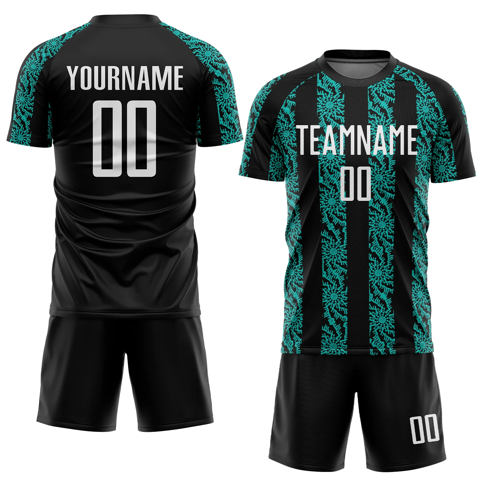 Custom Black White-Aqua Abstract Shape Sublimation Soccer Uniform Jersey - Image 2