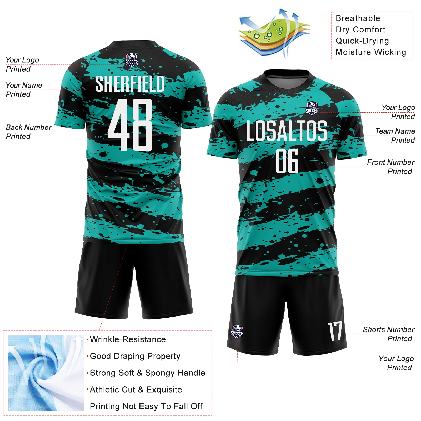 Custom Black White-Aqua Splash Sublimation Soccer Uniform Jersey - Image 4