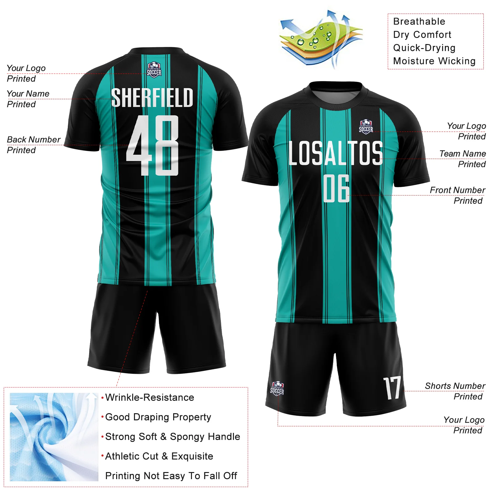 Custom Black White-Aqua Line Sublimation Soccer Uniform Jersey - Image 4