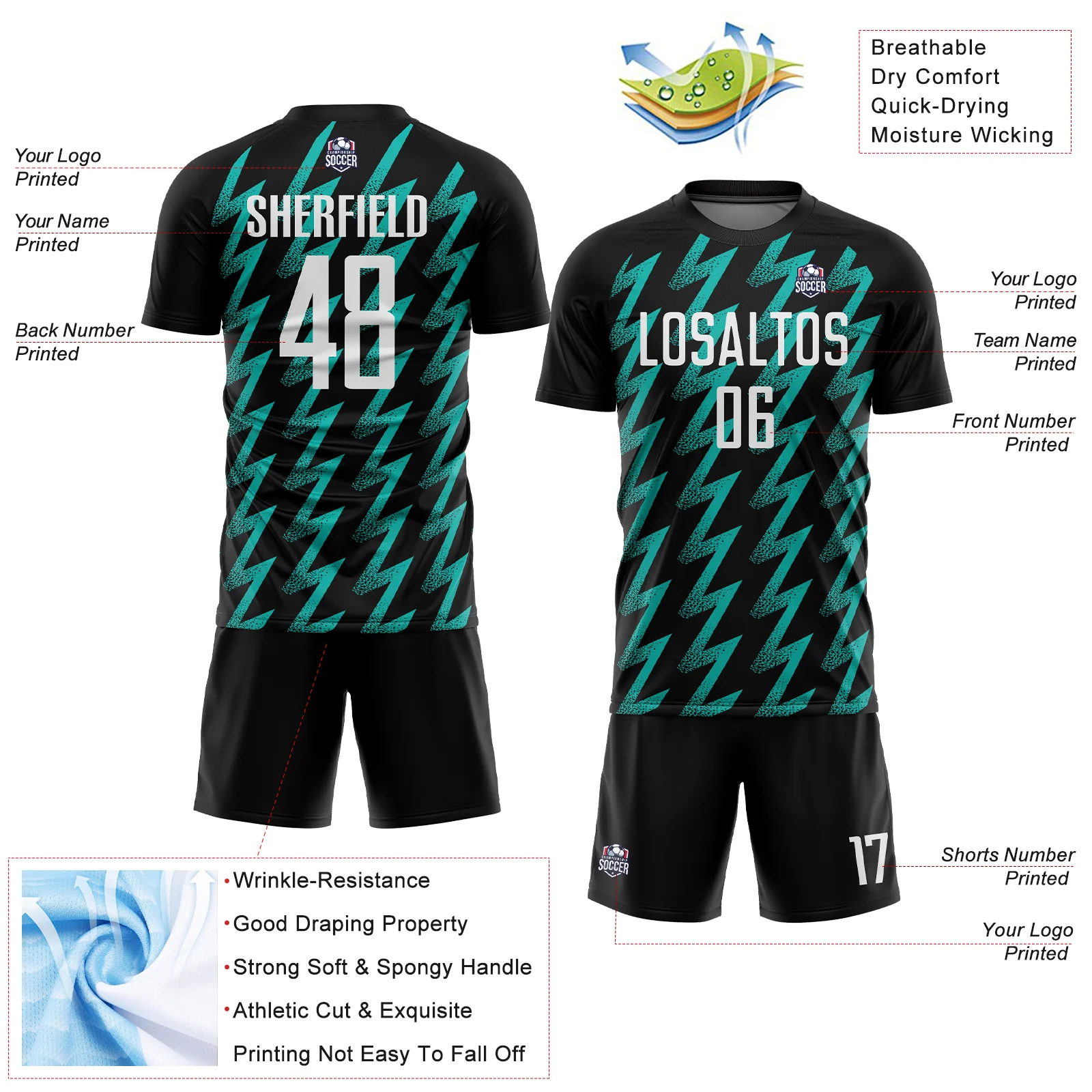 Custom Black White-Aqua Zigzag Shape Sublimation Soccer Uniform Jersey - Image 4