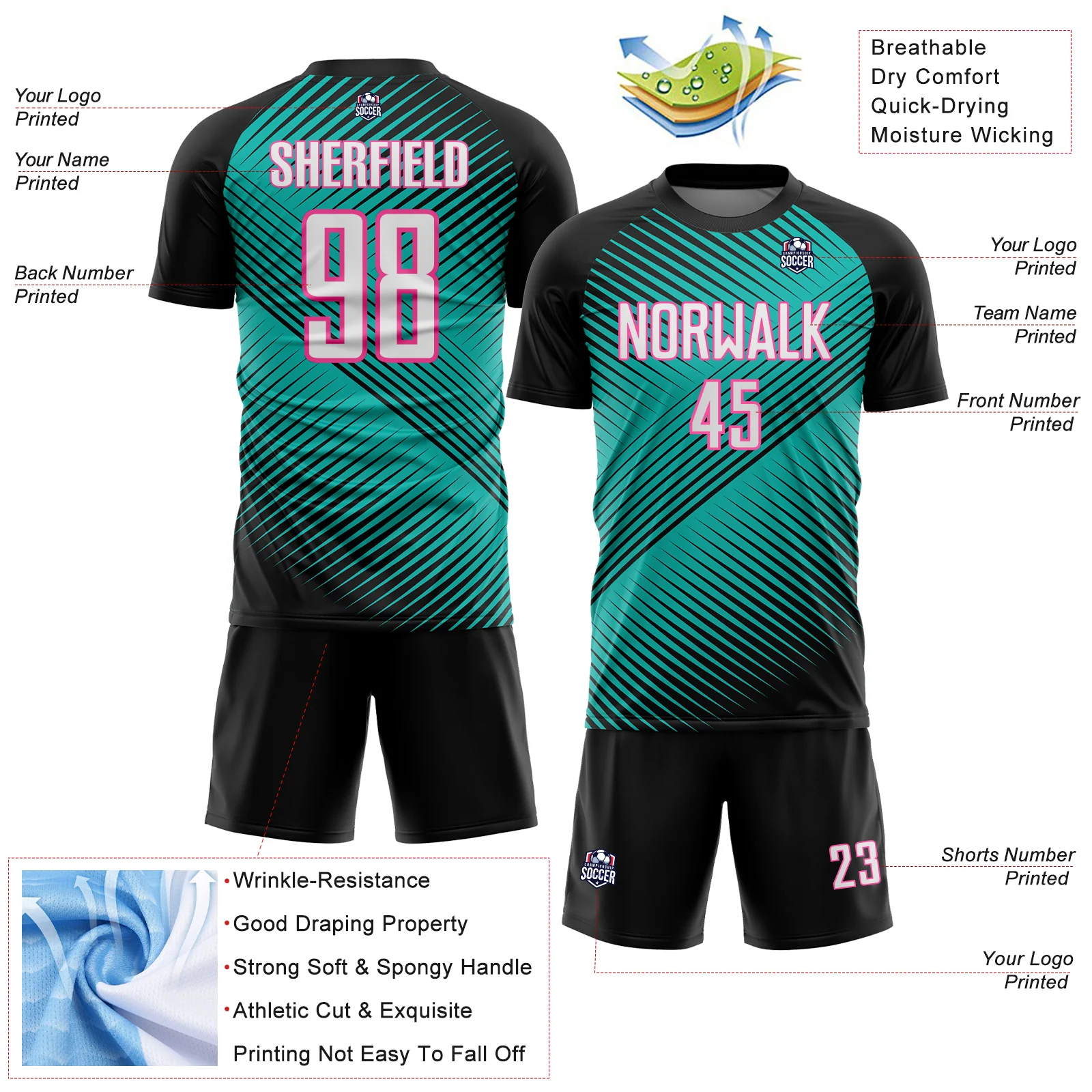 Custom Black White Aqua-Pink Line Sublimation Soccer Uniform Jersey - Image 4