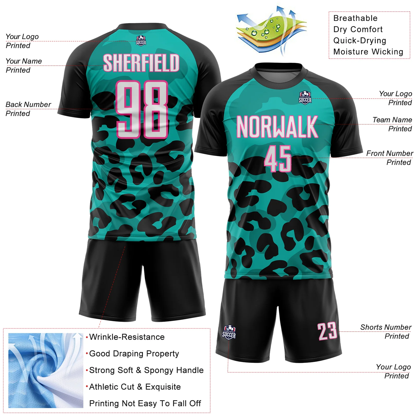 Custom Black White Aqua-Pink Animal Leopard Print Sports Sublimation Soccer Uniform Jersey - Image 4