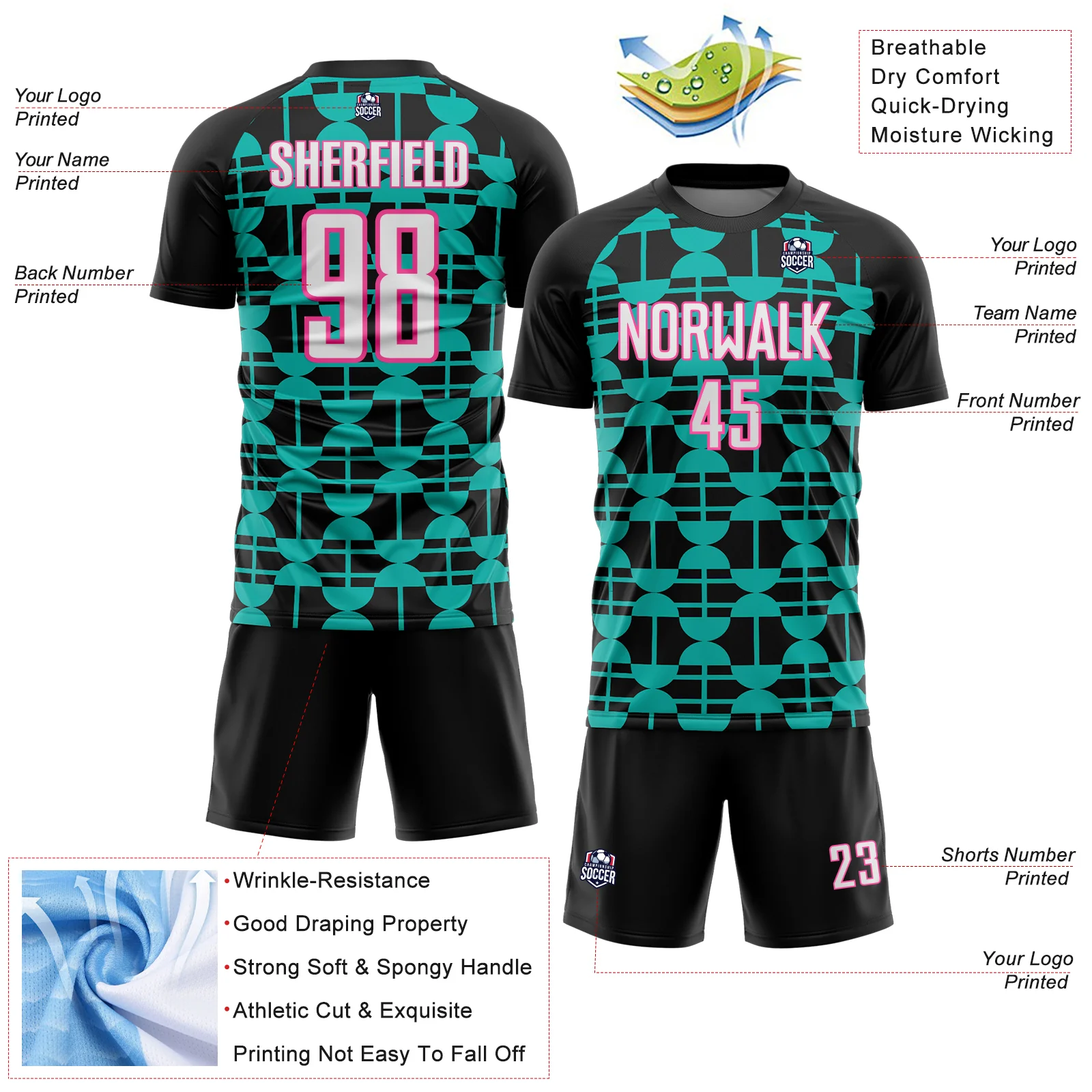 Custom Black White Aqua-Pink Geometric Shapes Sports Sublimation Soccer Uniform Jersey - Image 4