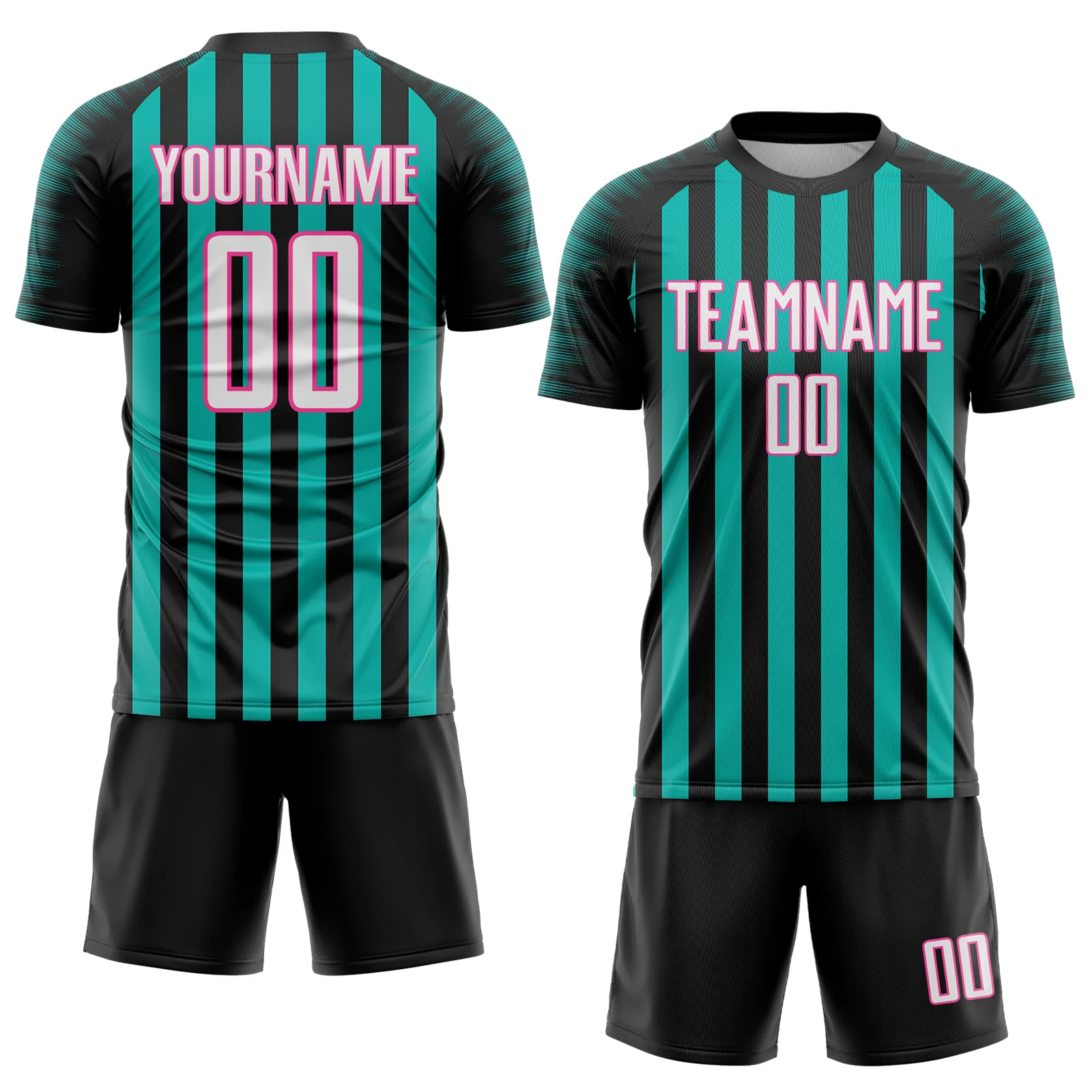 Custom Black White Aqua-Pink Stripe Sports Sublimation Soccer Uniform Jersey - Image 2