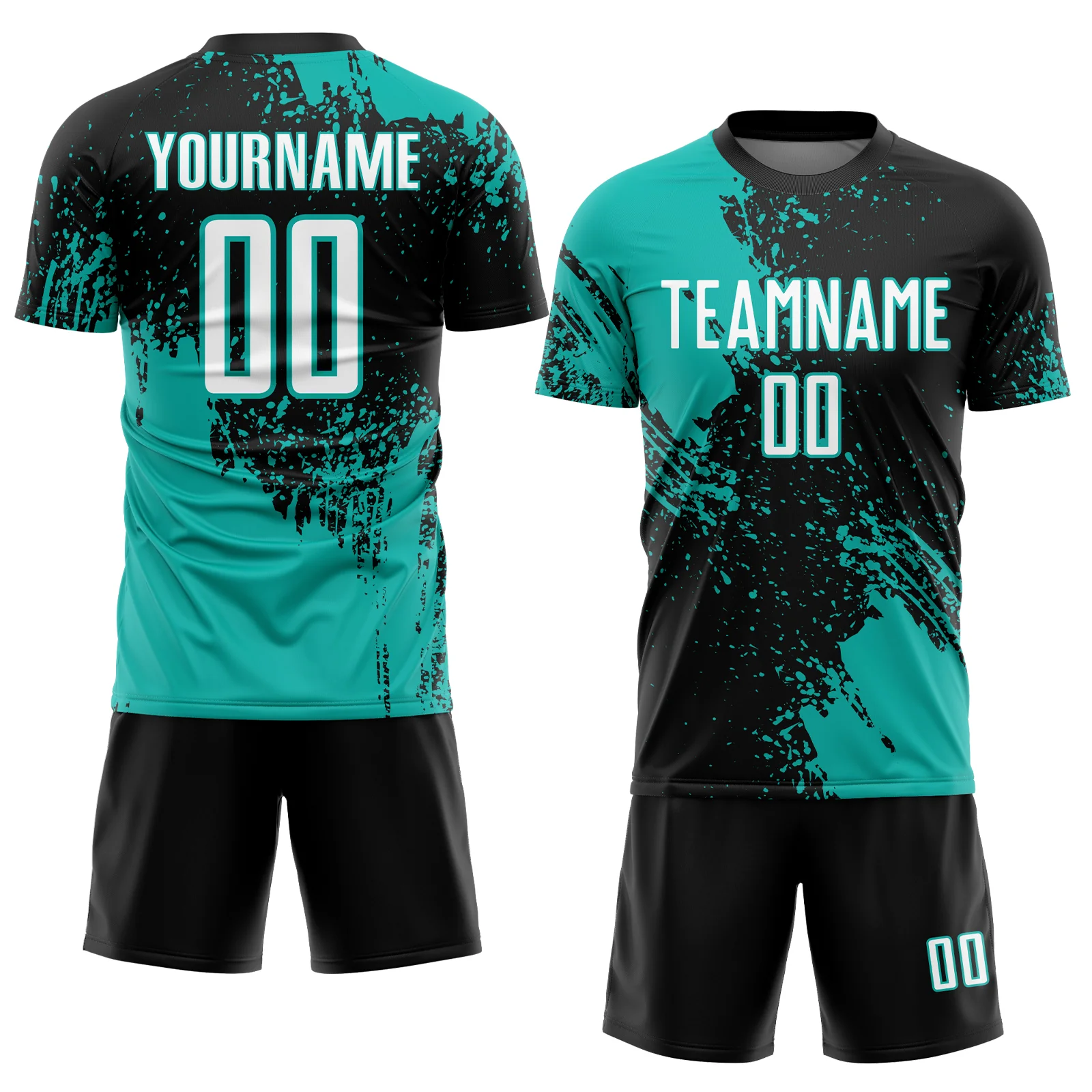 Custom Black White-Aqua Abstract Brush Stroke Sports Sublimation Soccer Uniform Jersey - Image 2