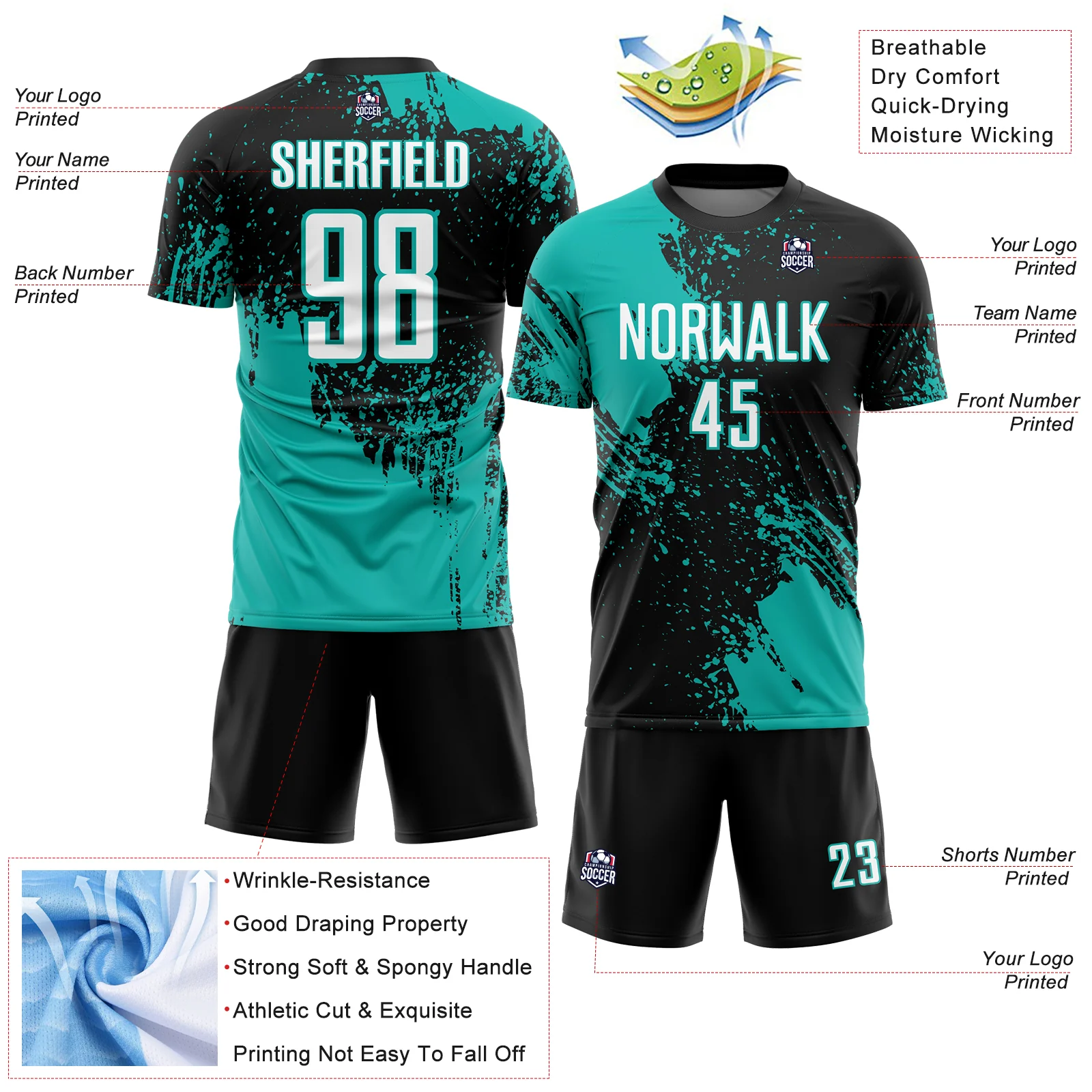 Custom Black White-Aqua Abstract Brush Stroke Sports Sublimation Soccer Uniform Jersey - Image 4