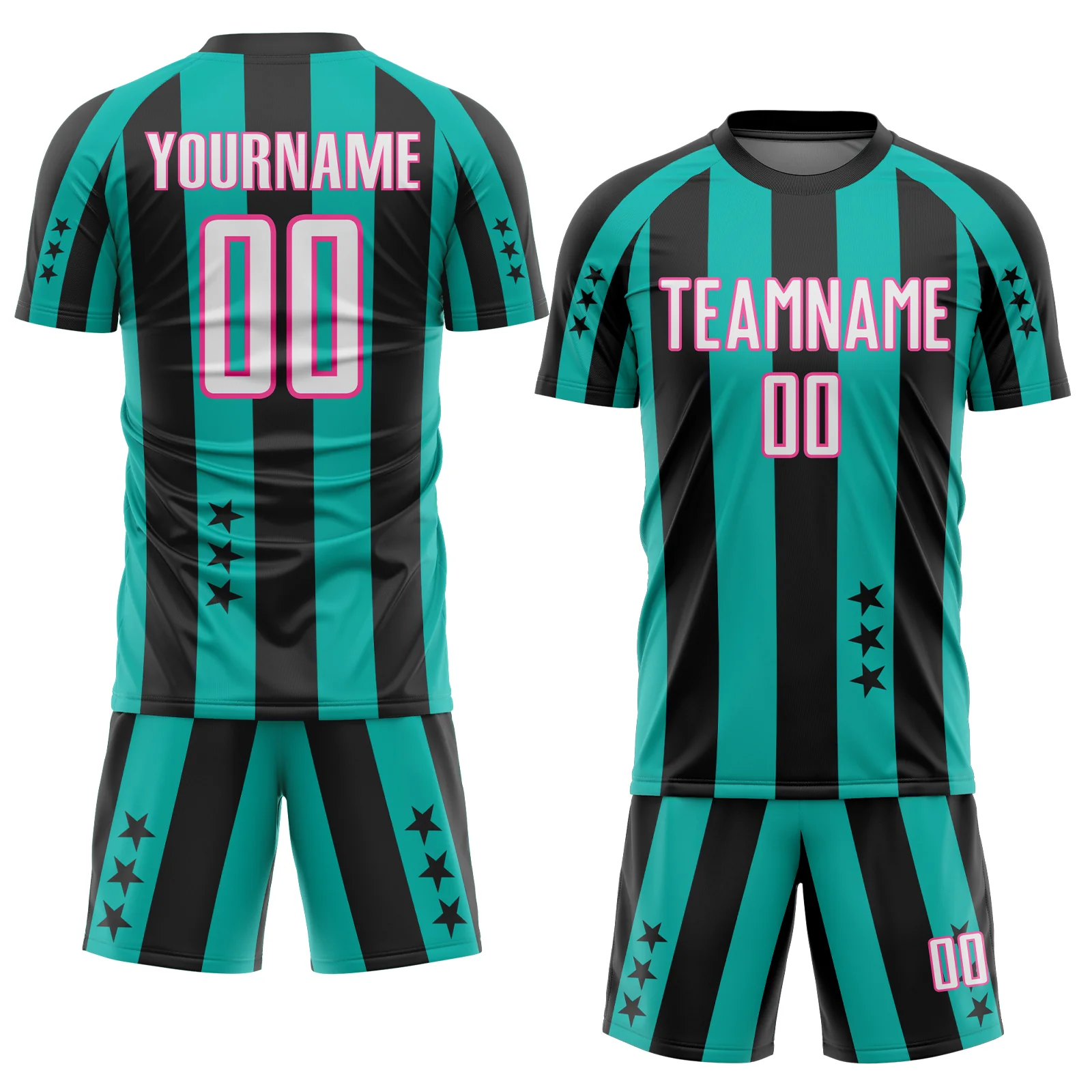 Custom Black White Aqua-Pink Stars And Stripes Sports Sublimation Soccer Uniform Jersey - Image 2