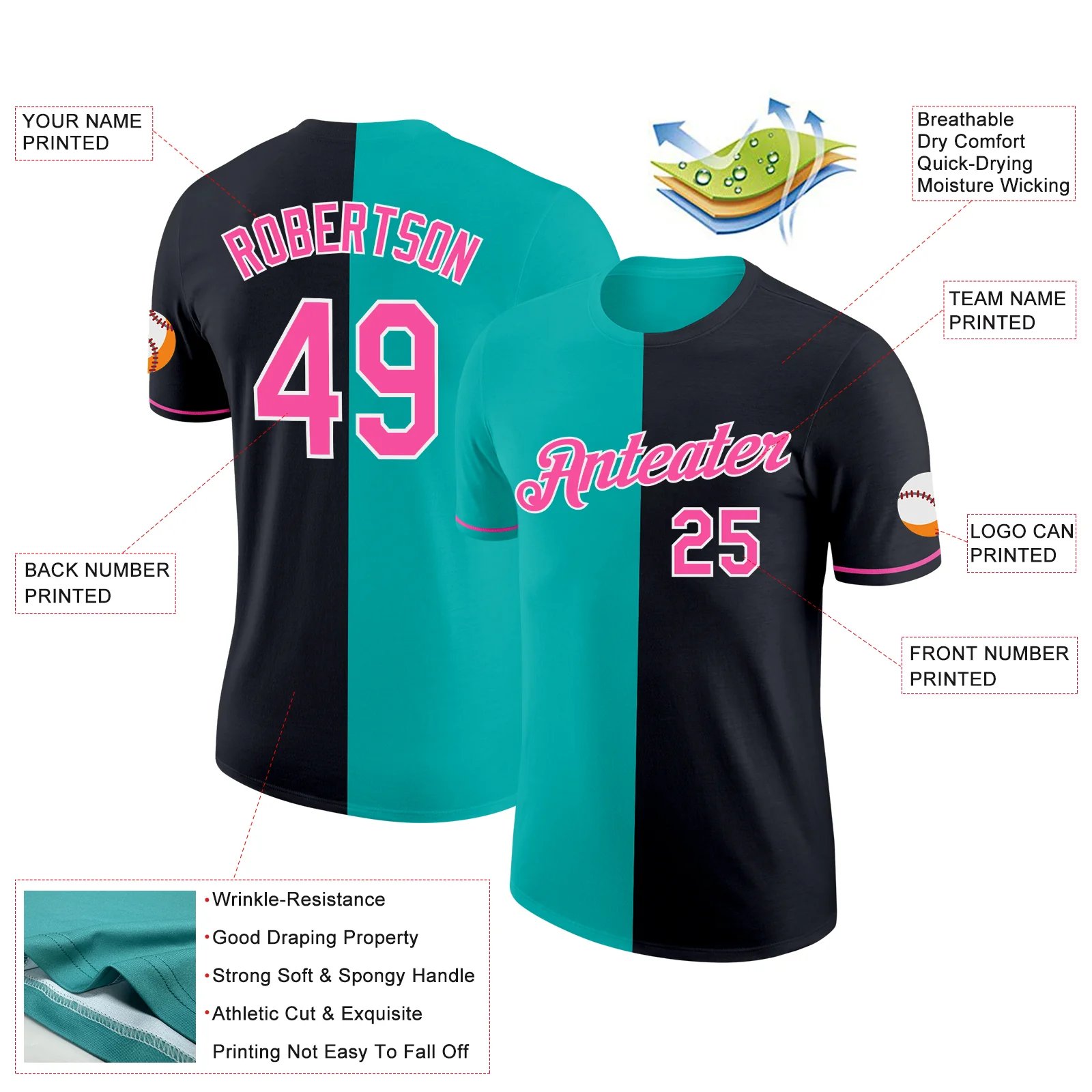 Custom Black Pink-Aqua Split Fashion Performance T-Shirt - Image 2