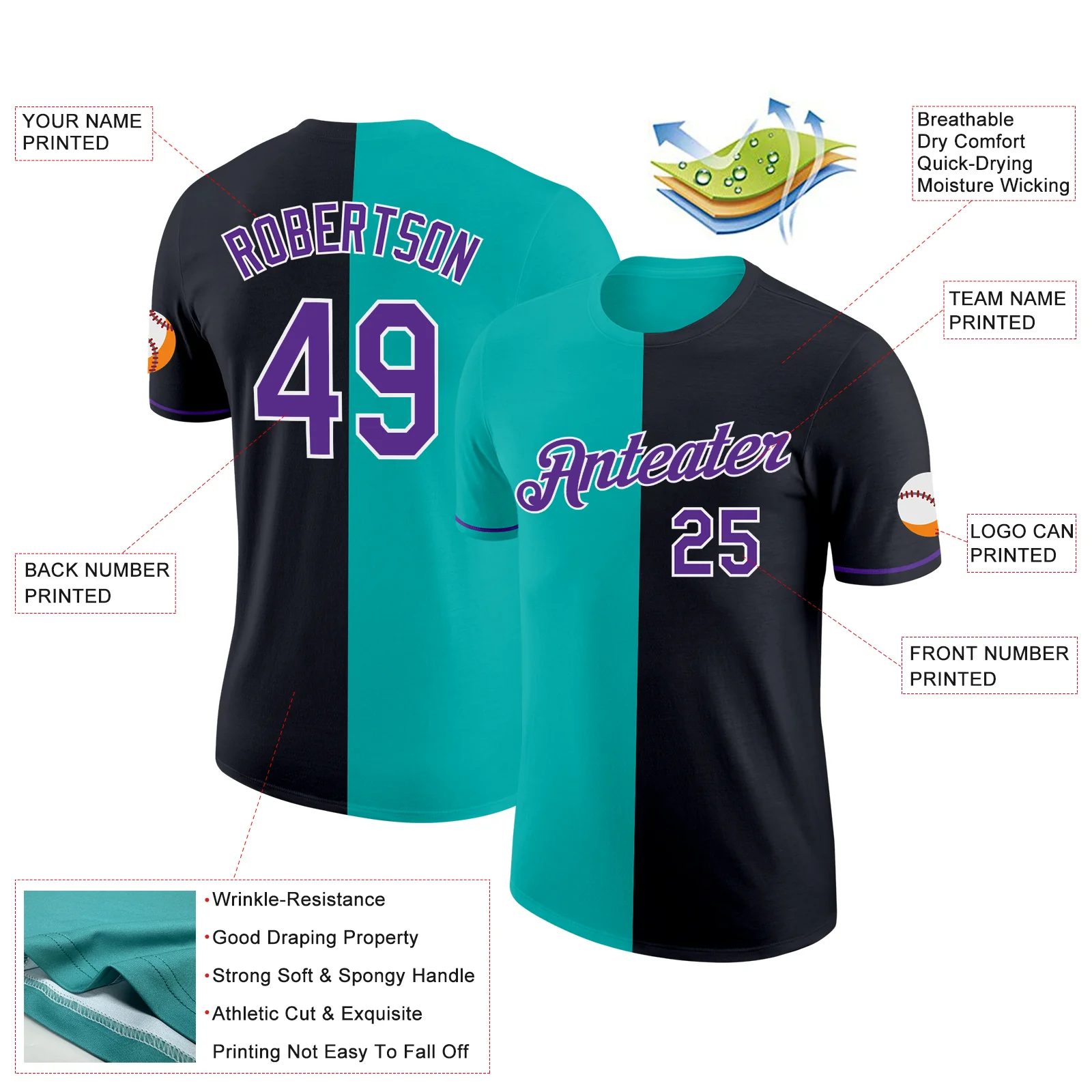 Custom Black Purple-Aqua Split Fashion Performance T-Shirt - Image 2