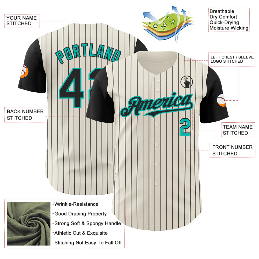 Custom Cream Black Pinstripe Aqua Authentic Two Tone Baseball Jersey - Image 3