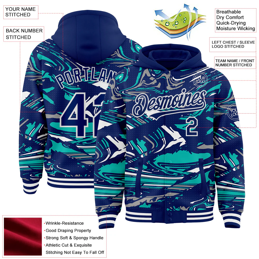 Custom Figure Royal Aqua-White Fluid Pattern Bomber Full-Snap Varsity Letterman Hoodie Jacket - Image 4
