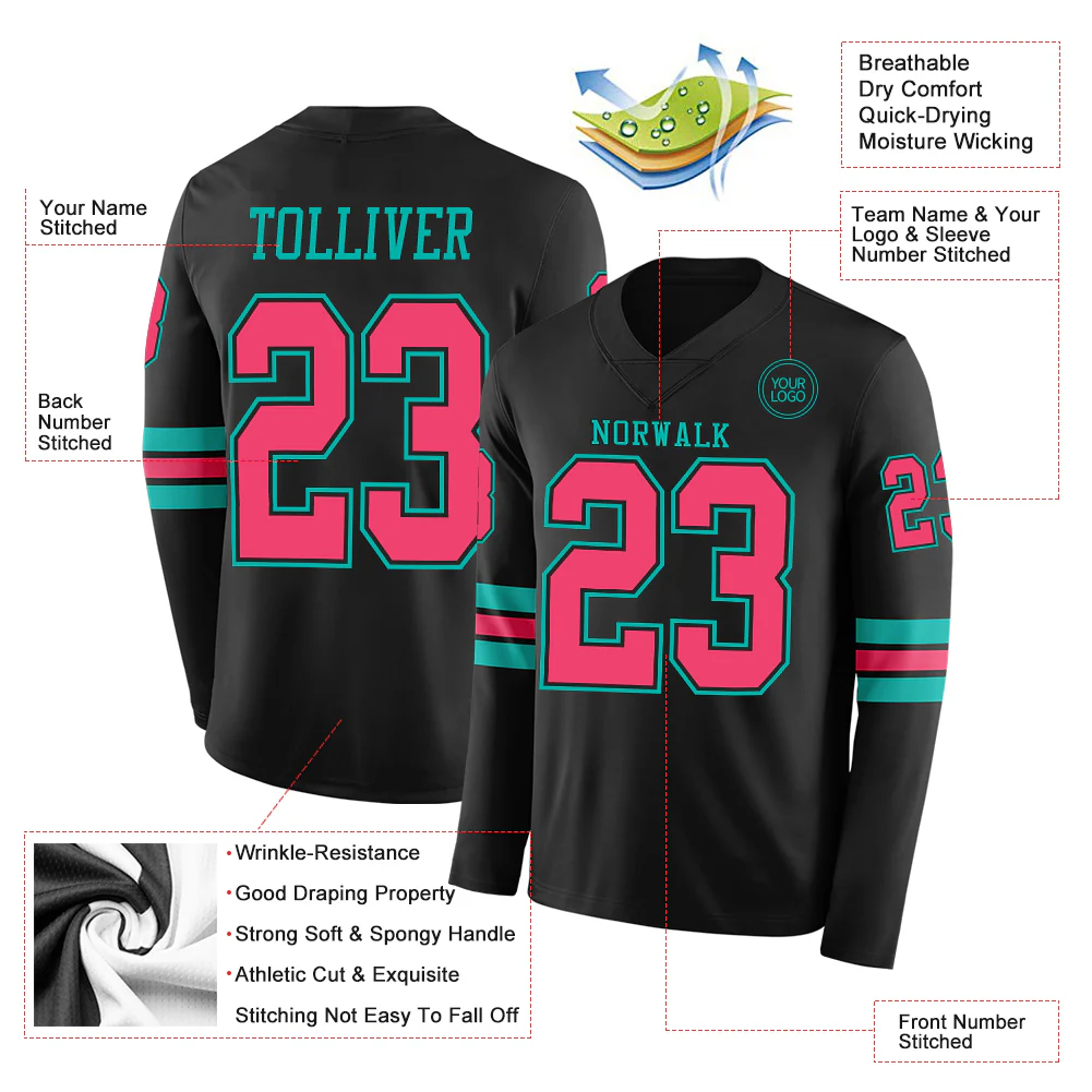 Custom Black Neon Pink-Aqua Long Sleeve Authentic Football Jersey - Image 2