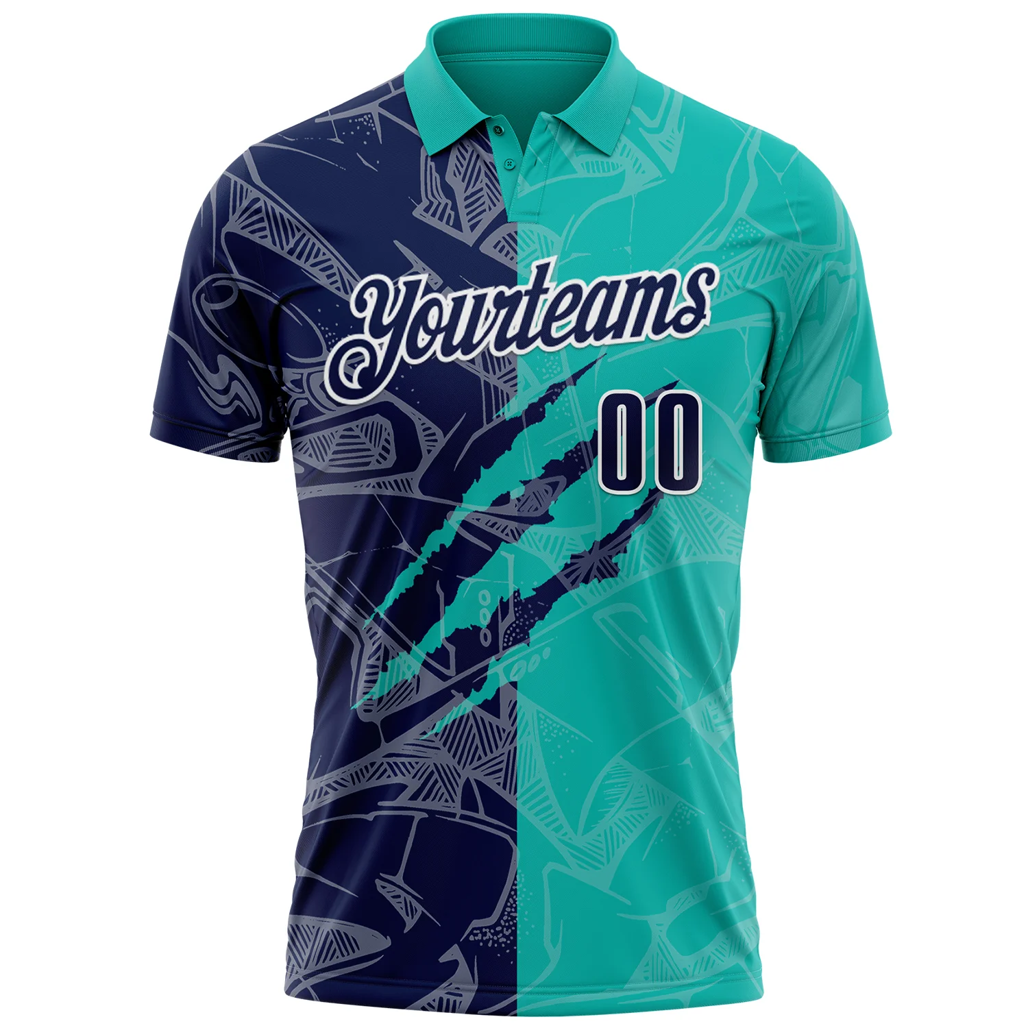 Custom Graffiti Pattern Navy Aqua-White 3D Scratch Performance Polo Shirt - Image 2