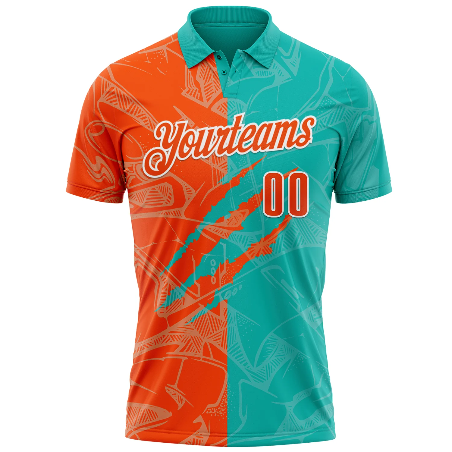 Custom Graffiti Pattern Orange Aqua-White 3D Scratch Performance Polo Shirt - Image 2