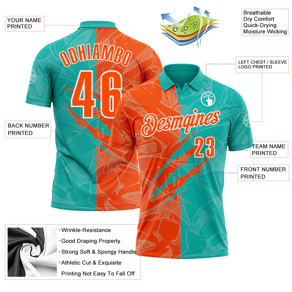 Custom Graffiti Pattern Orange Aqua-White 3D Scratch Performance Polo Shirt - Image 3