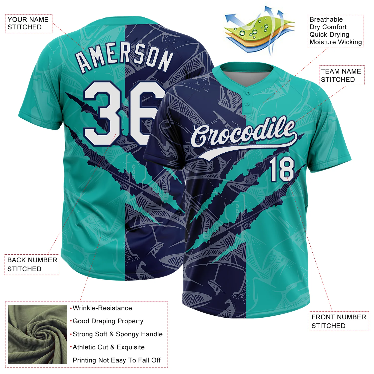 Custom Graffiti Pattern White Aqua-Navy 3D Scratch Two-Button Unisex Softball Jersey - Image 3
