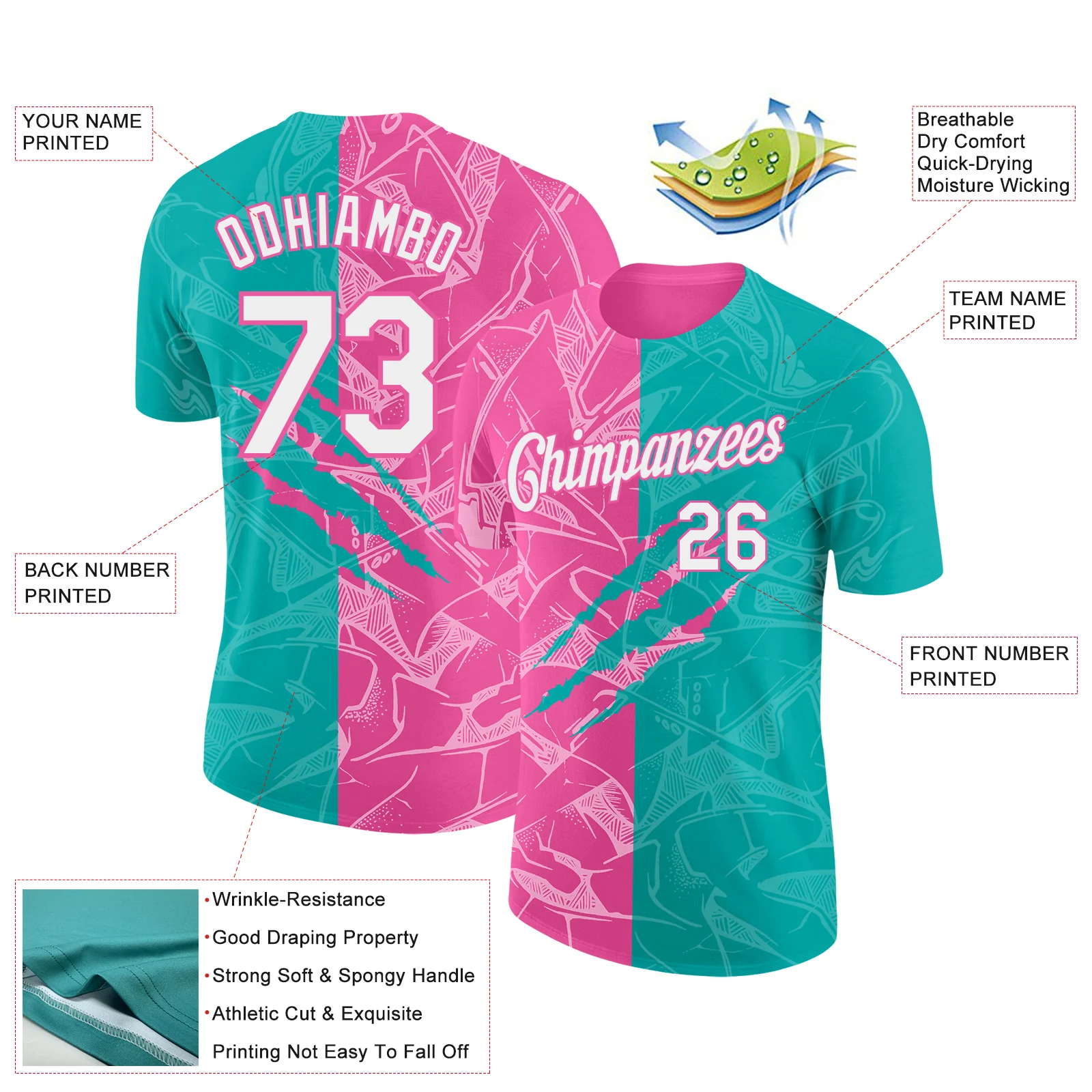 Custom Graffiti Pattern White Aqua-Pink Scratch 3D Performance T-Shirt - Image 2