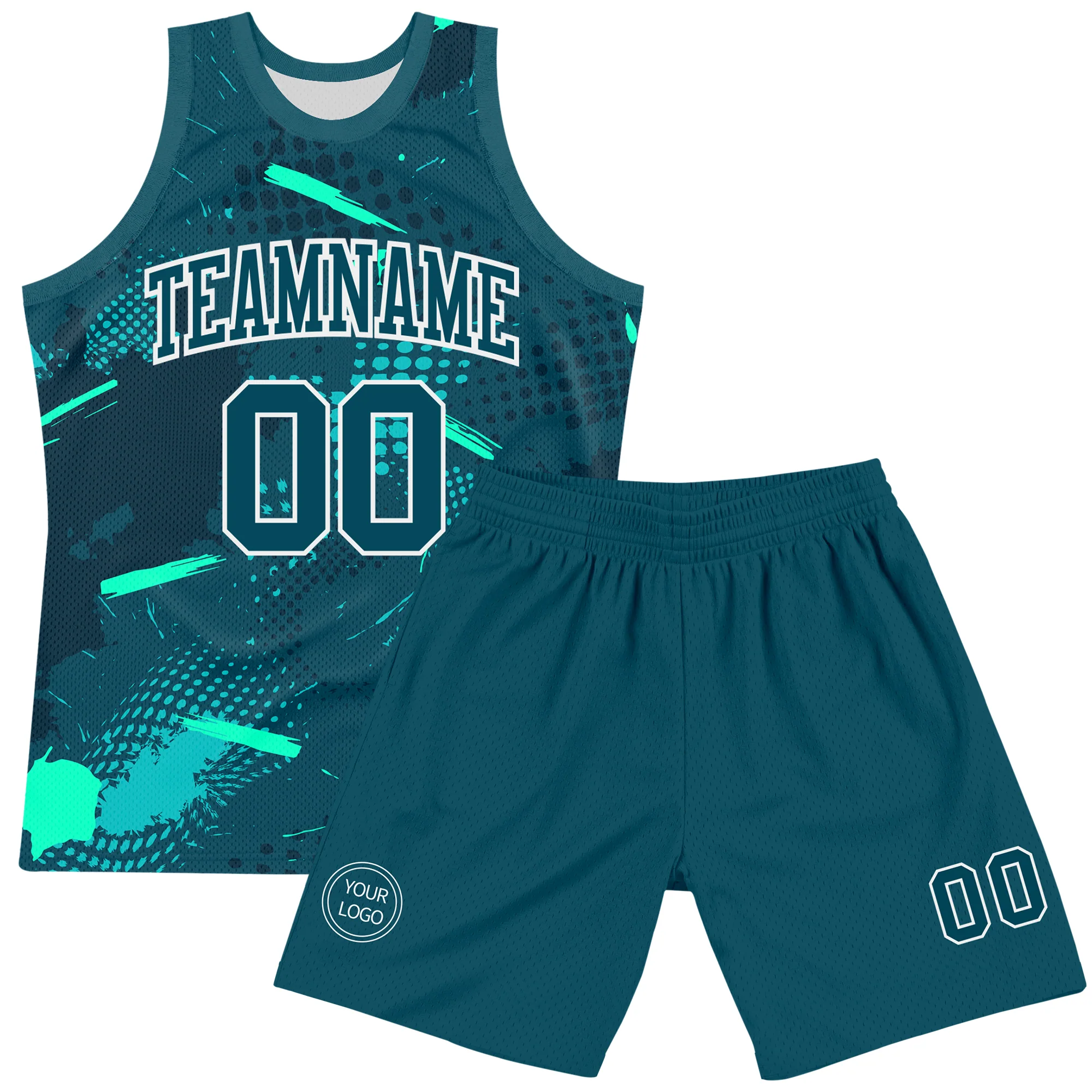 Custom Green Aqua-White Splash Round Neck Sublimation Basketball Suit Jersey - Image 2
