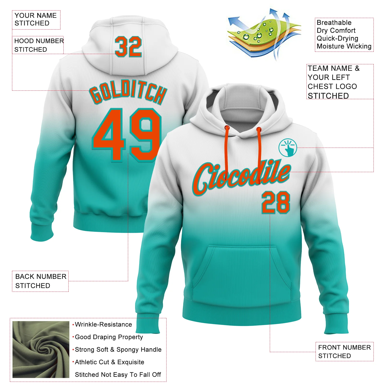Custom Stitched White Orange-Aqua Fade Fashion Sports Pullover Sweatshirt Hoodie - Image 2