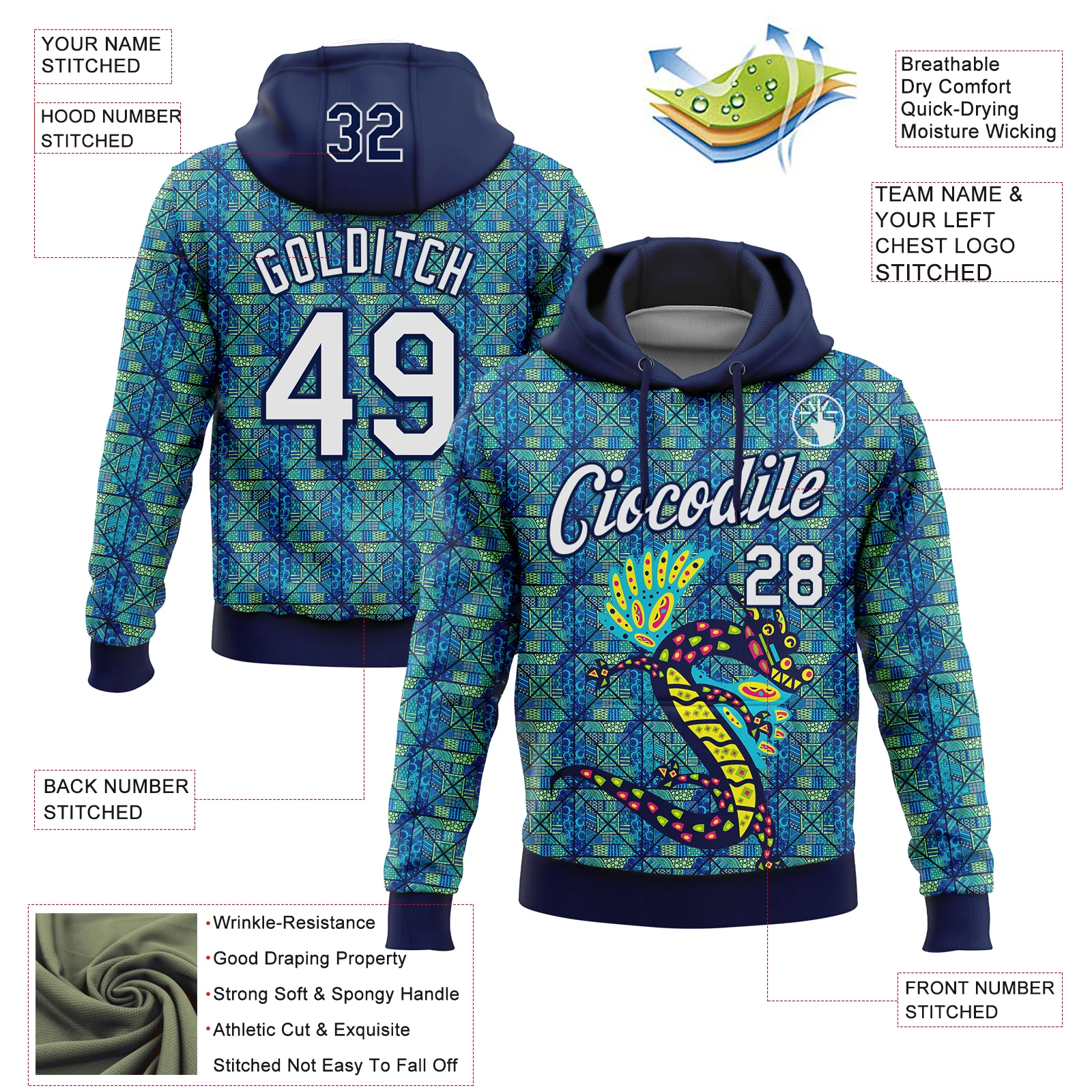 Custom Stitched Navy White-Aqua 3D Pattern Design Animal Dragon Geometric Shape Sports Pullover Sweatshirt Hoodie - Image 2