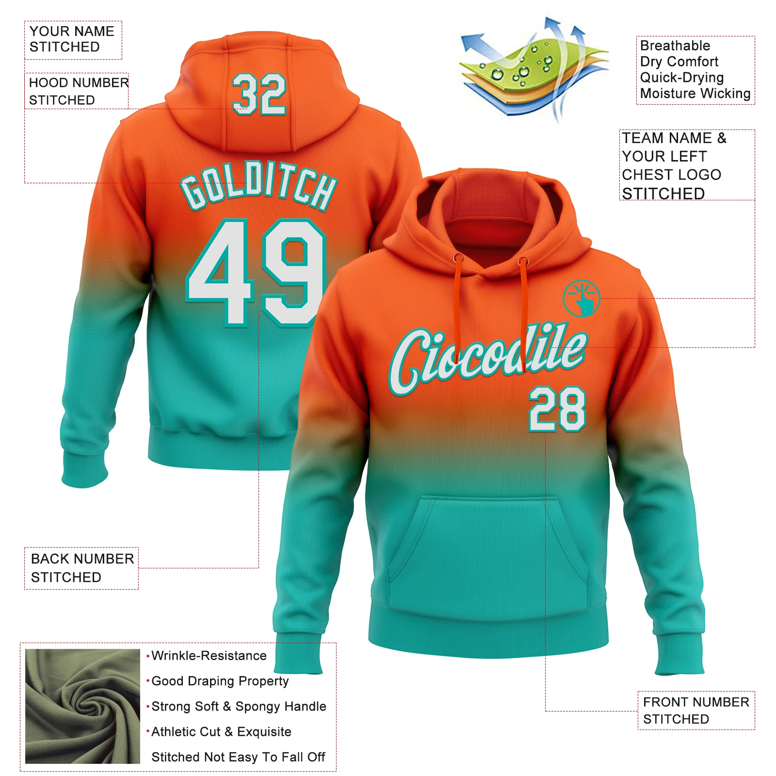 Custom Stitched Orange White-Aqua Fade Fashion Sports Pullover Sweatshirt Hoodie - Image 2