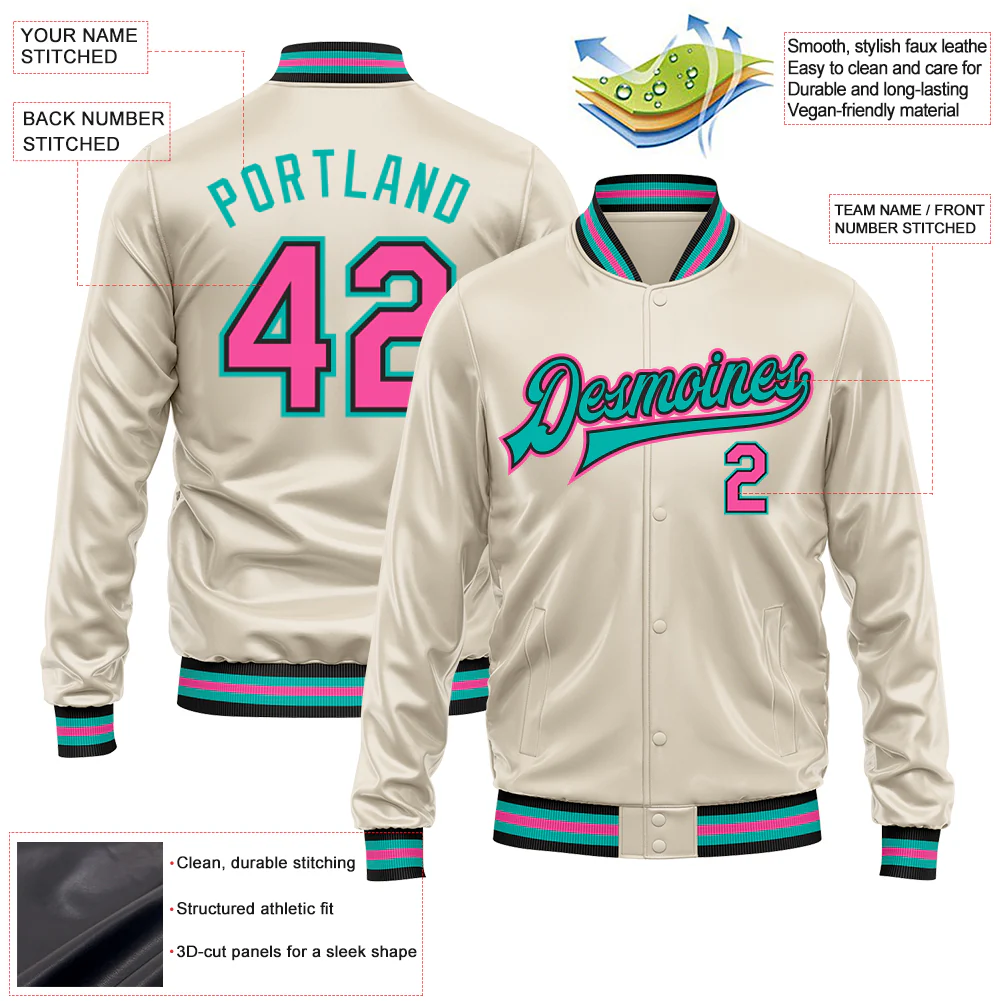 Custom Cream Pink Aqua-Black Bomber Full-Snap Varsity Faux Leather Letterman Jacket - Image 2