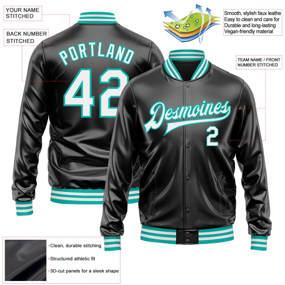 Custom Black White-Aqua Bomber Full-Snap Varsity Faux Leather Letterman Jacket - Image 2