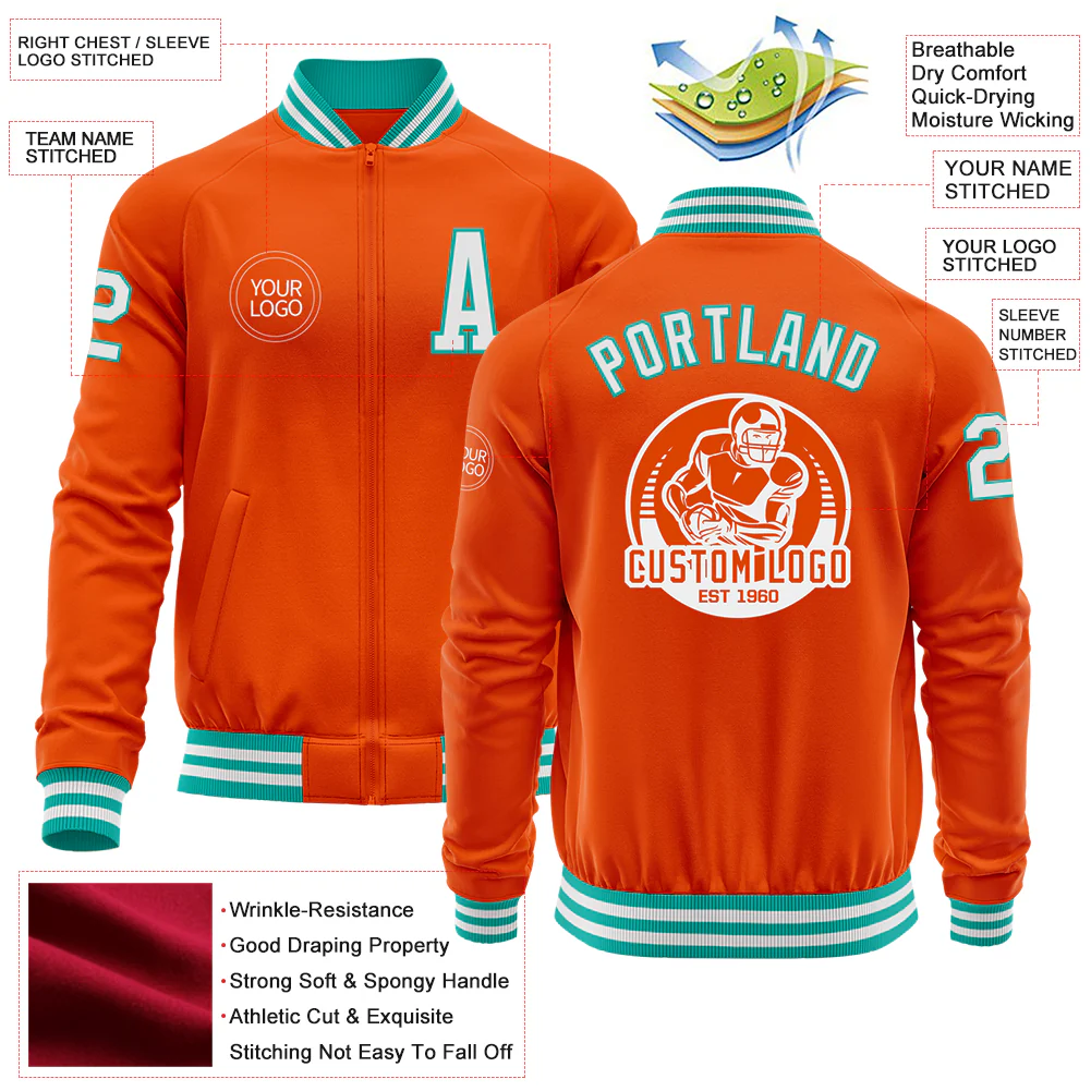 Custom Orange White-Aqua Bomber Varsity Letterman Zipper Jacket - Image 4