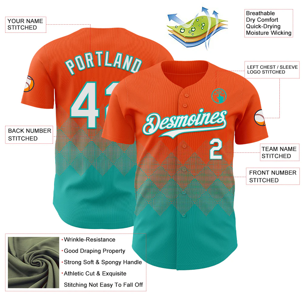 Custom Orange White-Aqua 3D Gradient Square Shape Authentic Baseball Jersey - Image 3